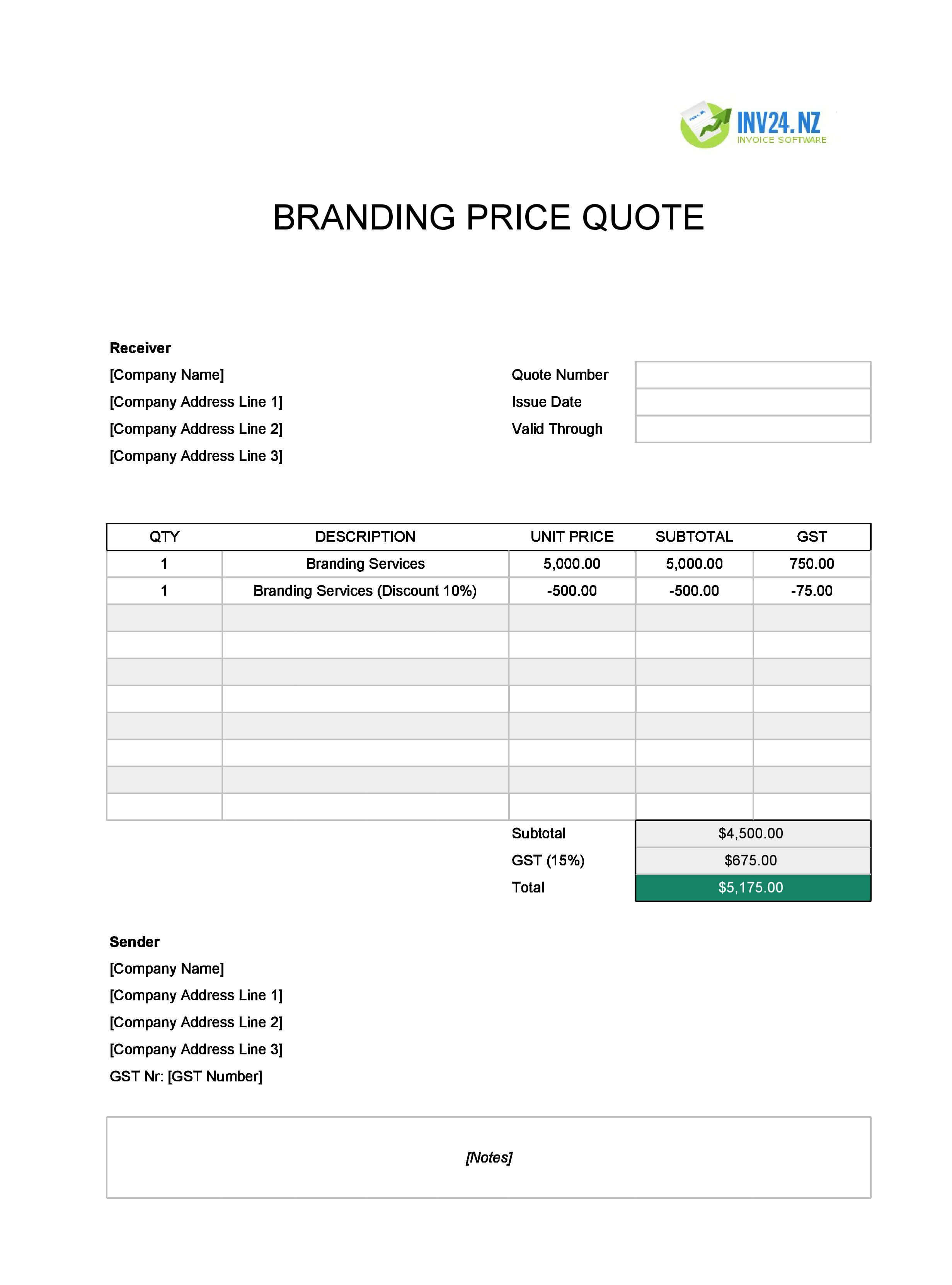Branding Quote Template for New Zealand (Excel / Google Sheets)