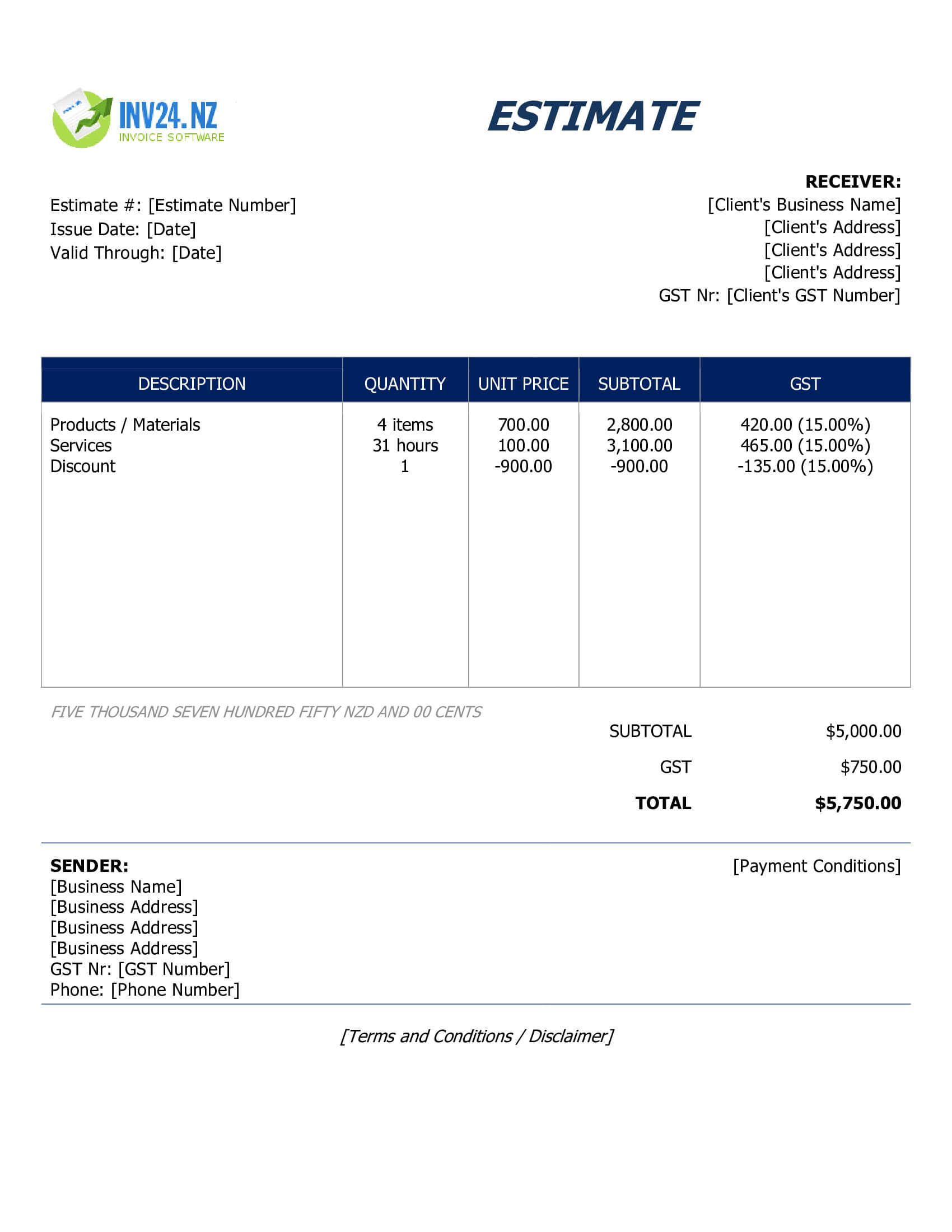 Business Estimate Template for New Zealand (Word / Google Docs)