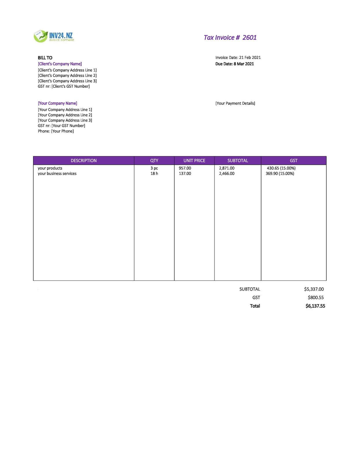 business invoice template nz excel