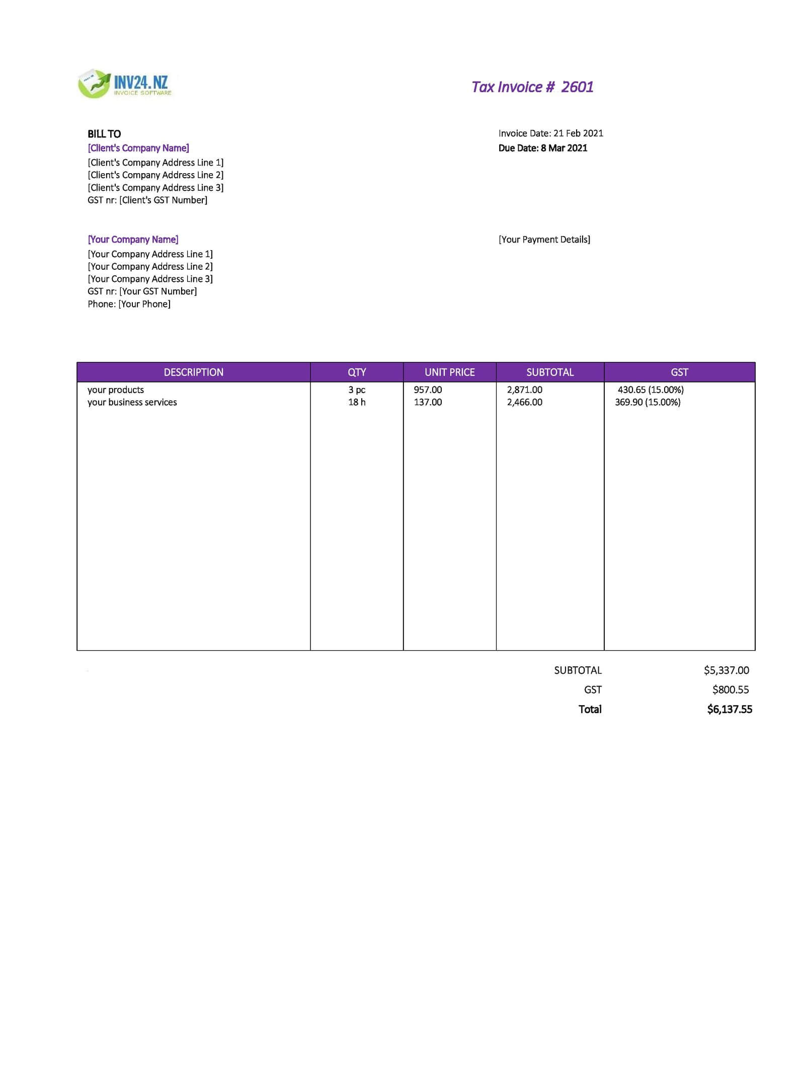 business invoice template nz excel