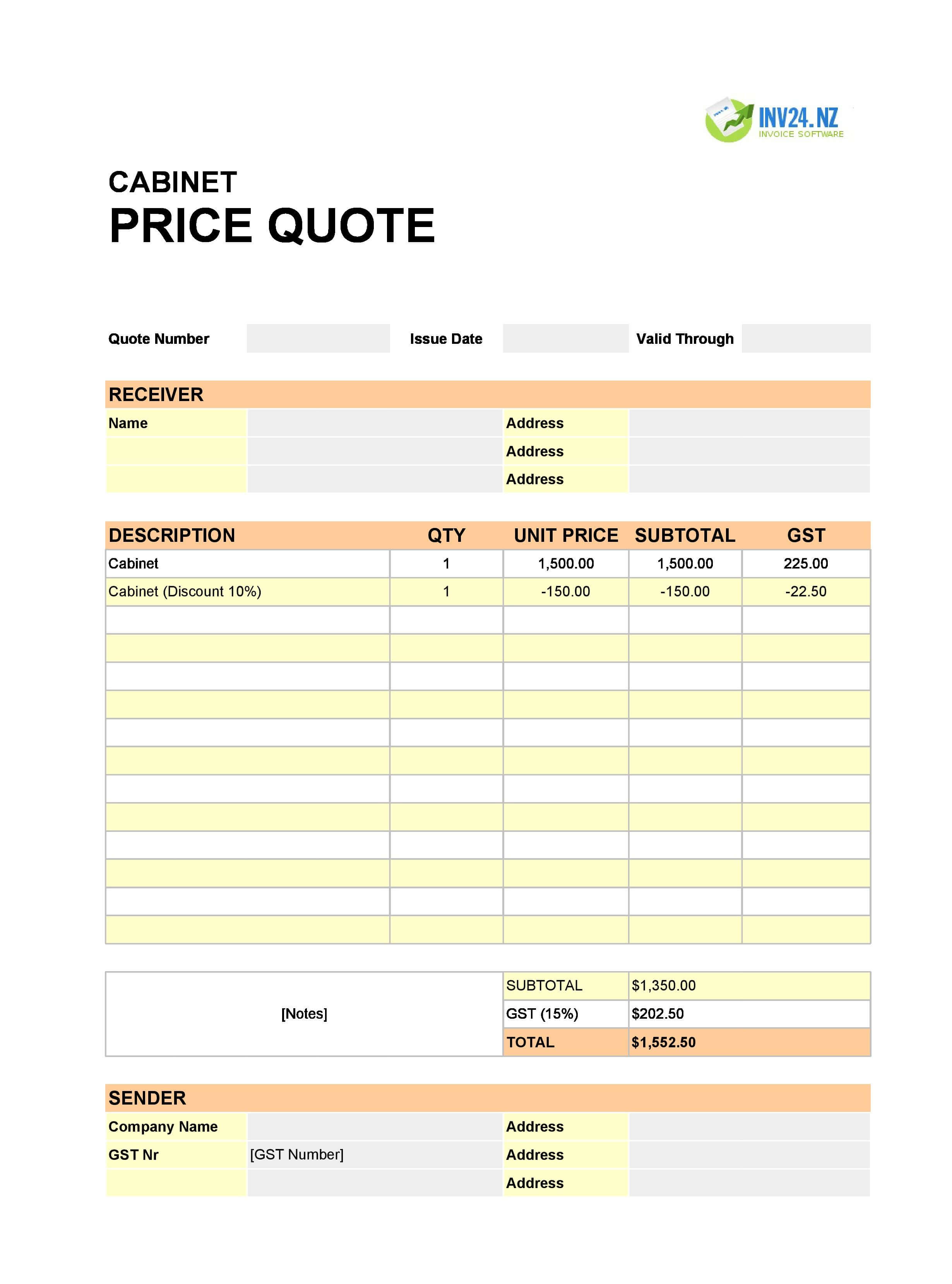 Cabinet Quote Template for New Zealand (Excel / Google Sheets)