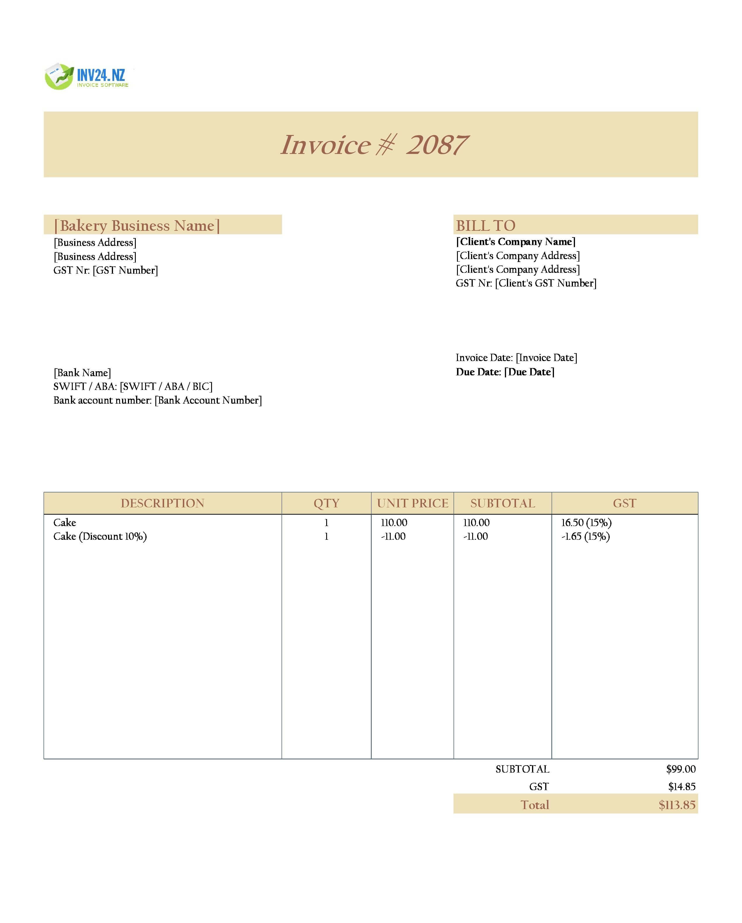 Cake Invoice Template for New Zealand (Excel / Google Sheets)