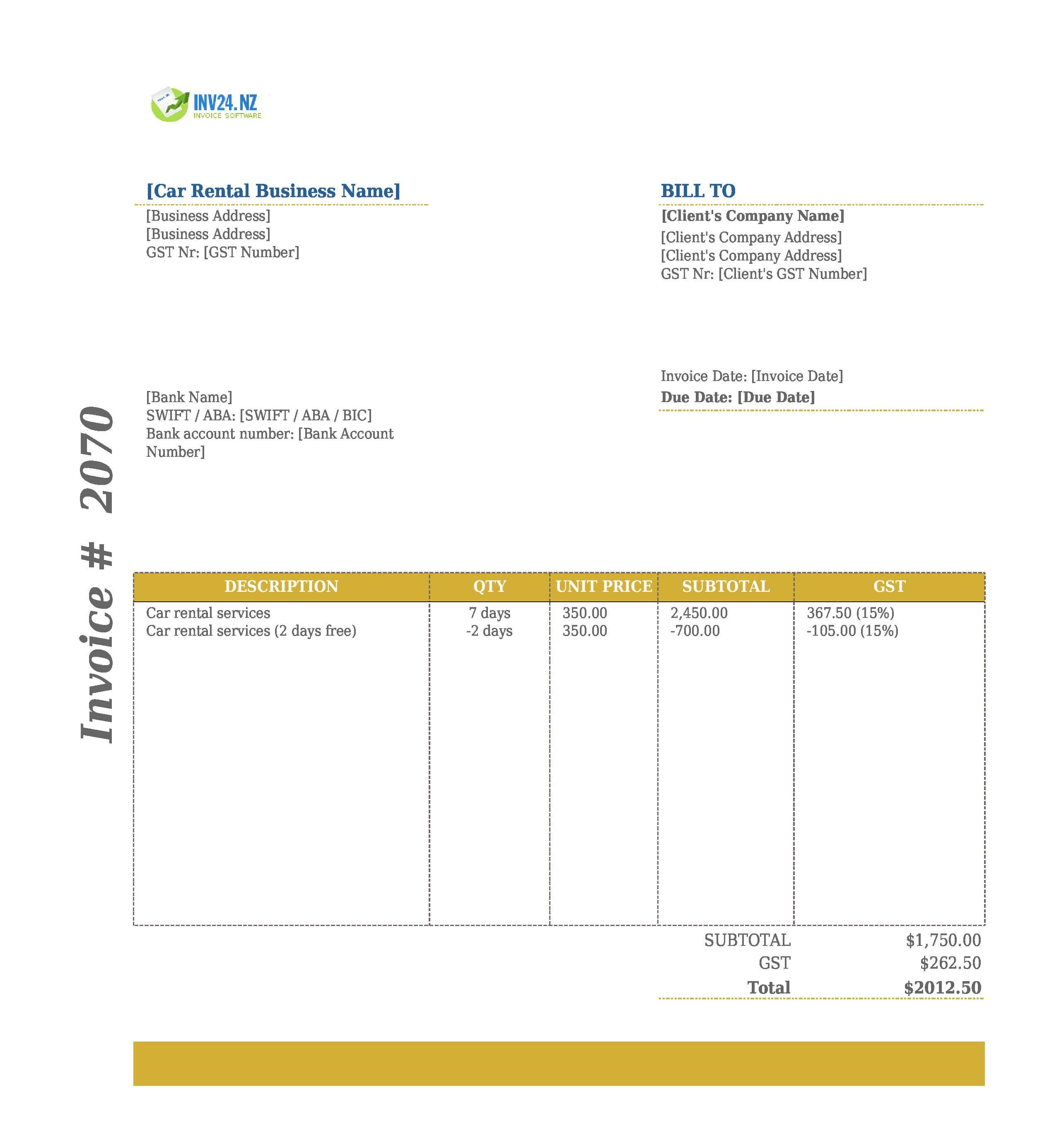 Car Rental Invoice Template for New Zealand (Excel / Google Sheets)
