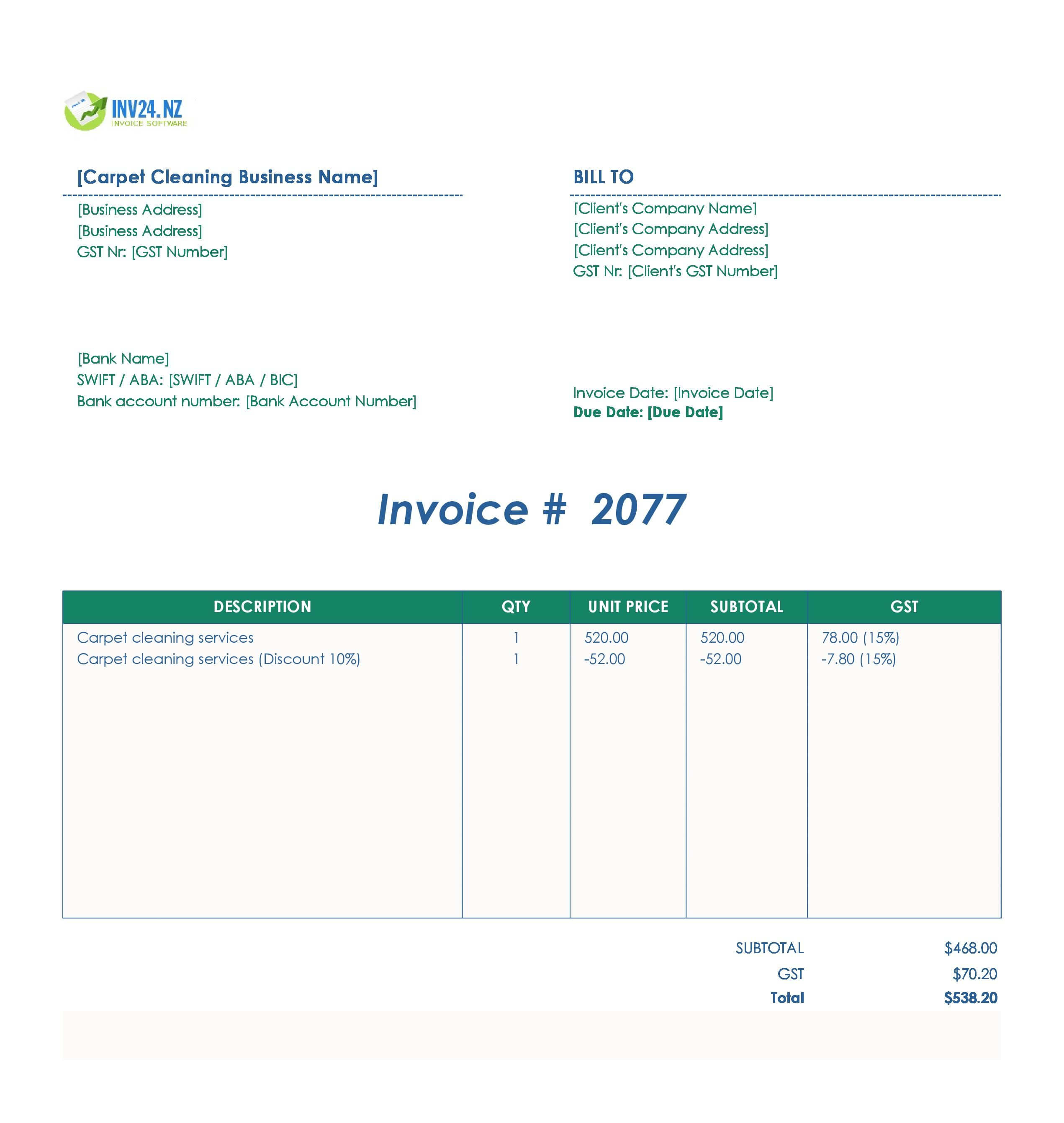 Carpet Cleaning Invoice Template for New Zealand (Excel / Google Sheets)
