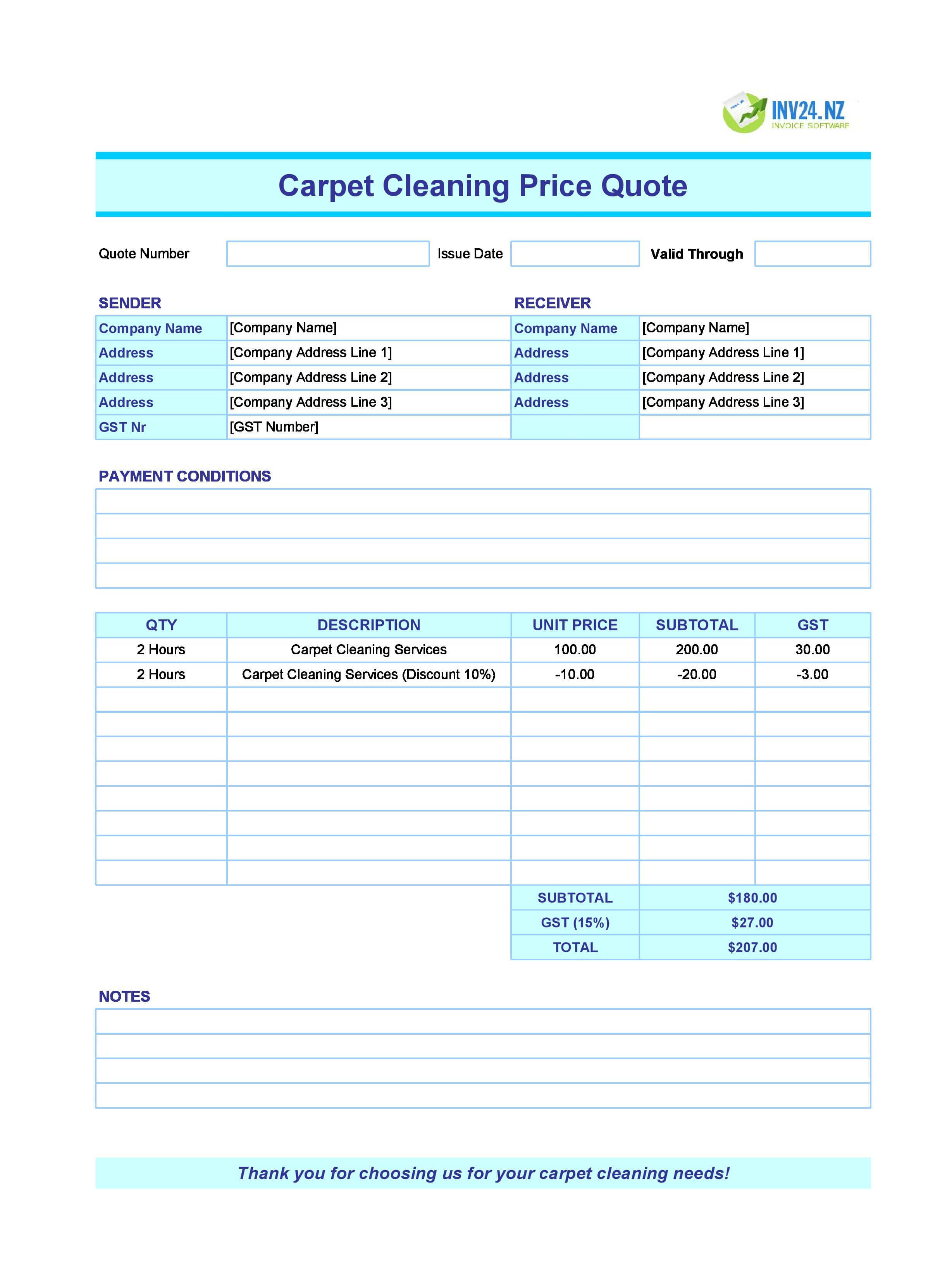 Carpet Cleaning Quote Template for New Zealand (Excel / Google Sheets)