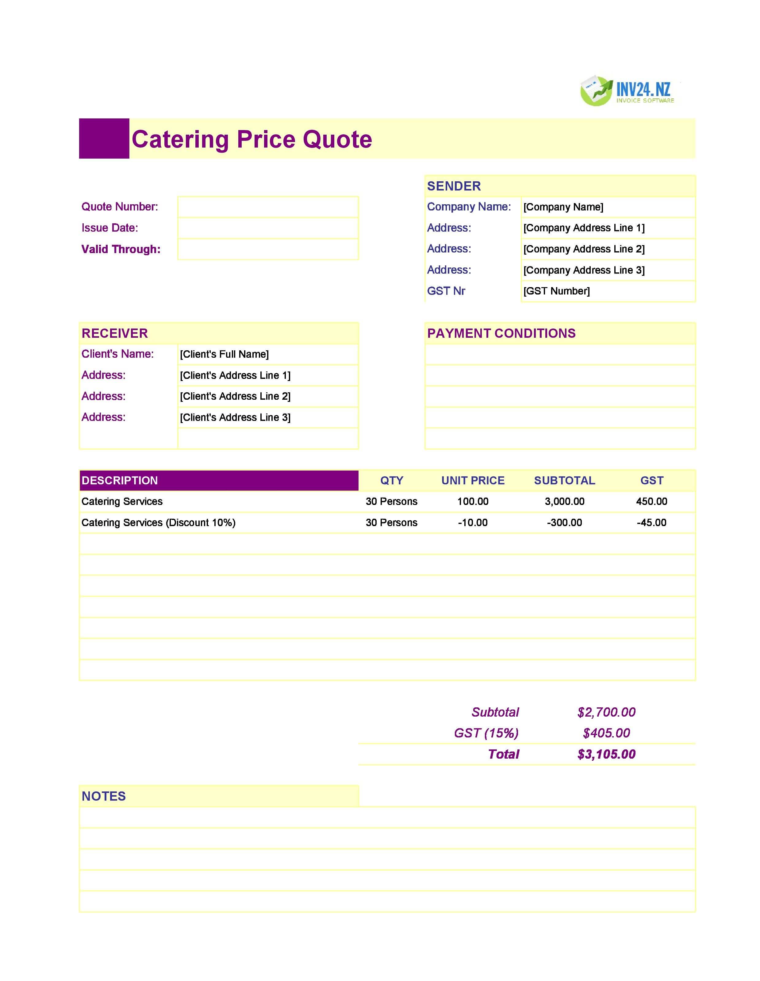 Catering Quote Template for New Zealand (Excel / Google Sheets)