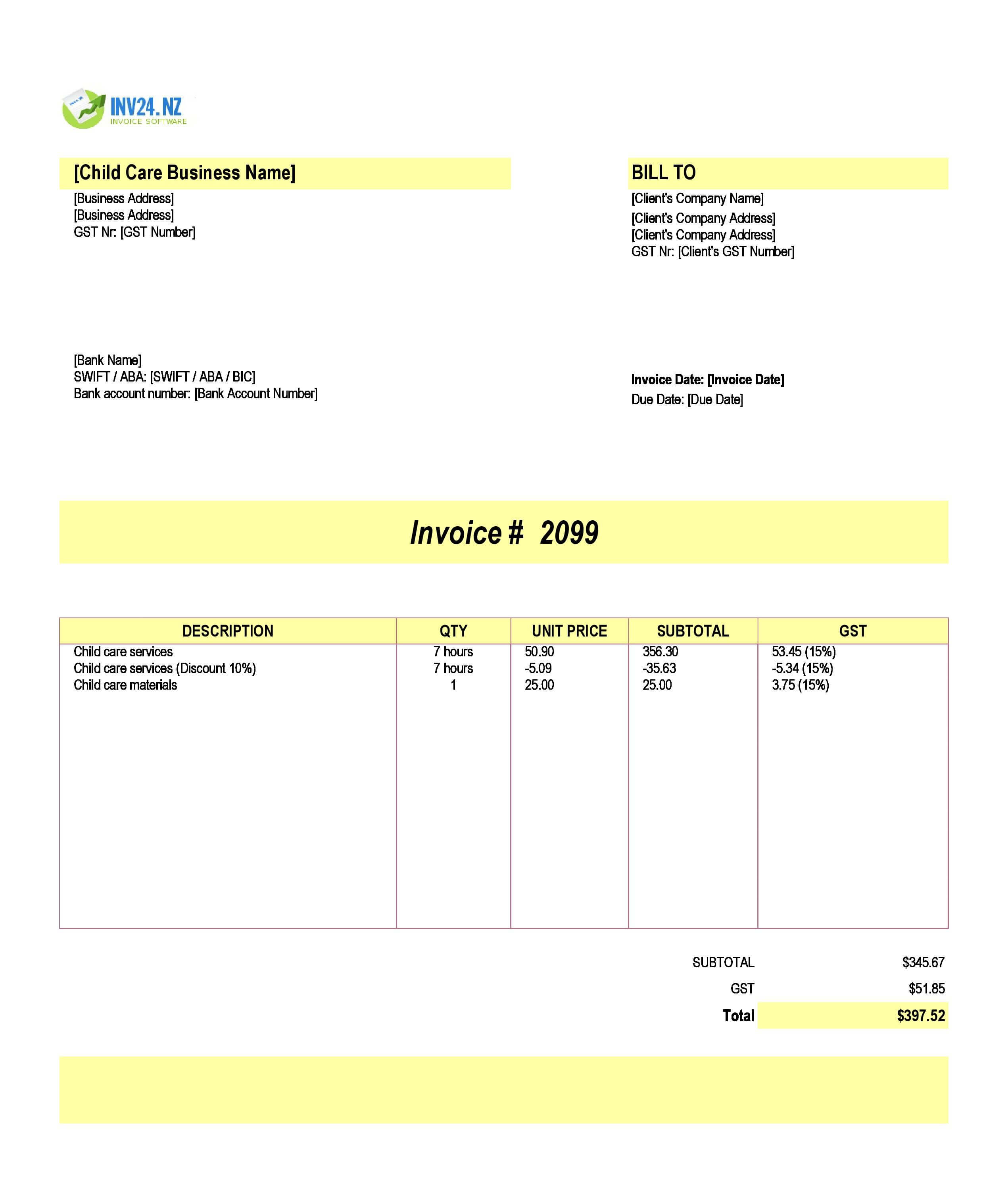 Child Care Invoice Template for New Zealand (Excel / Google Sheets)