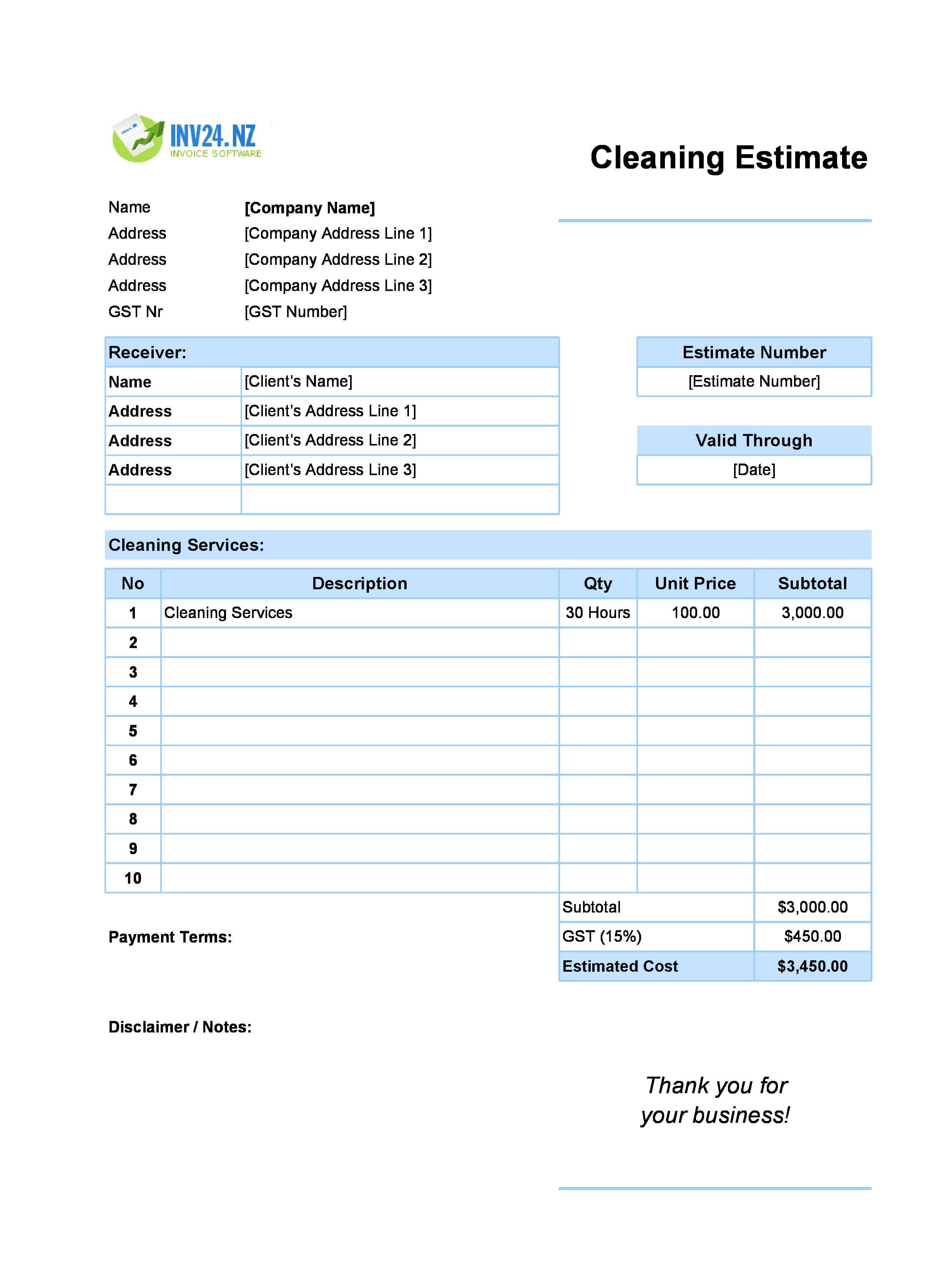 Cleaning Estimate Template for New Zealand (Excel / Google Sheets)