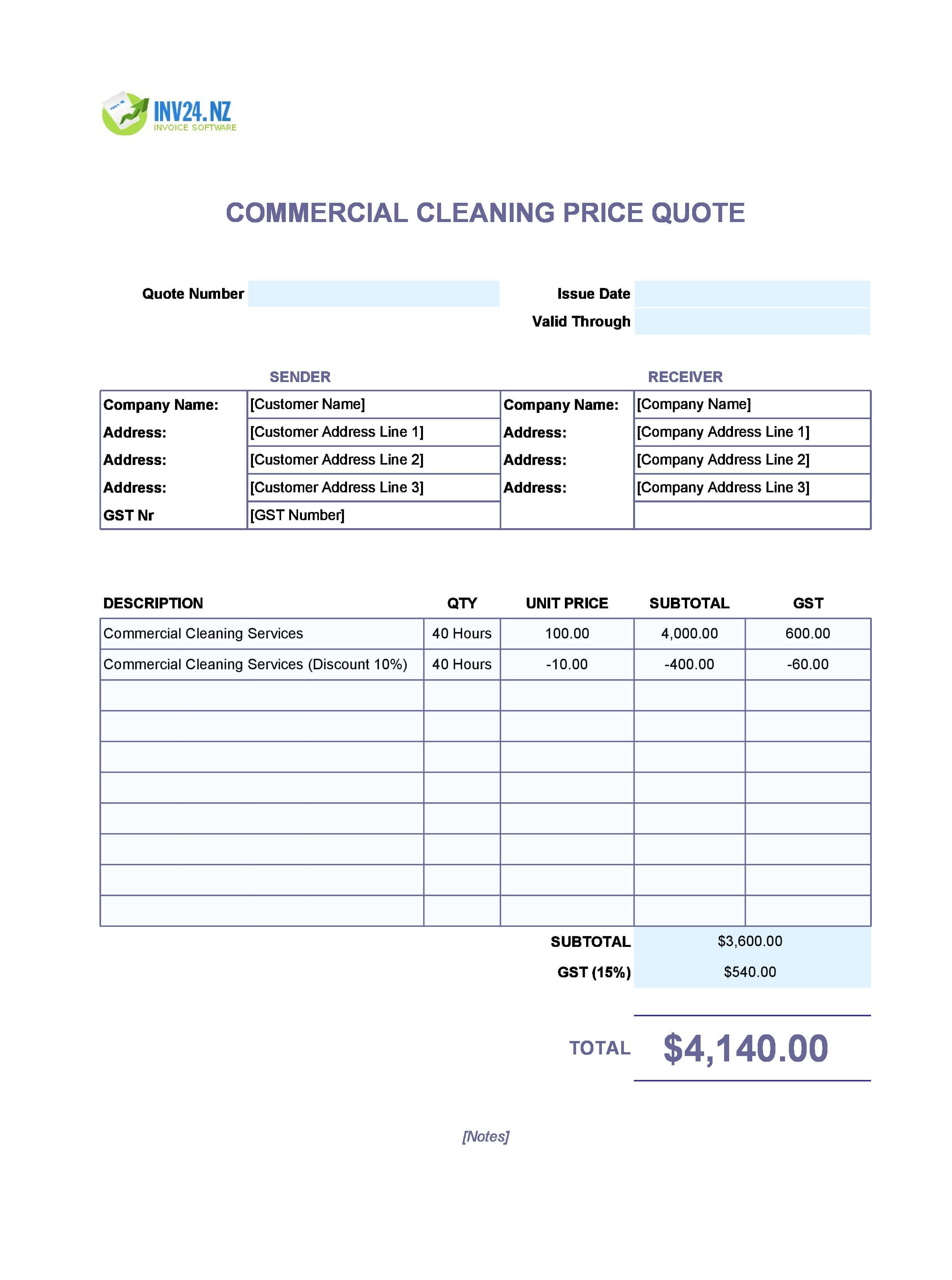 Commercial Cleaning Quote Template for New Zealand (Excel / Google Sheets)
