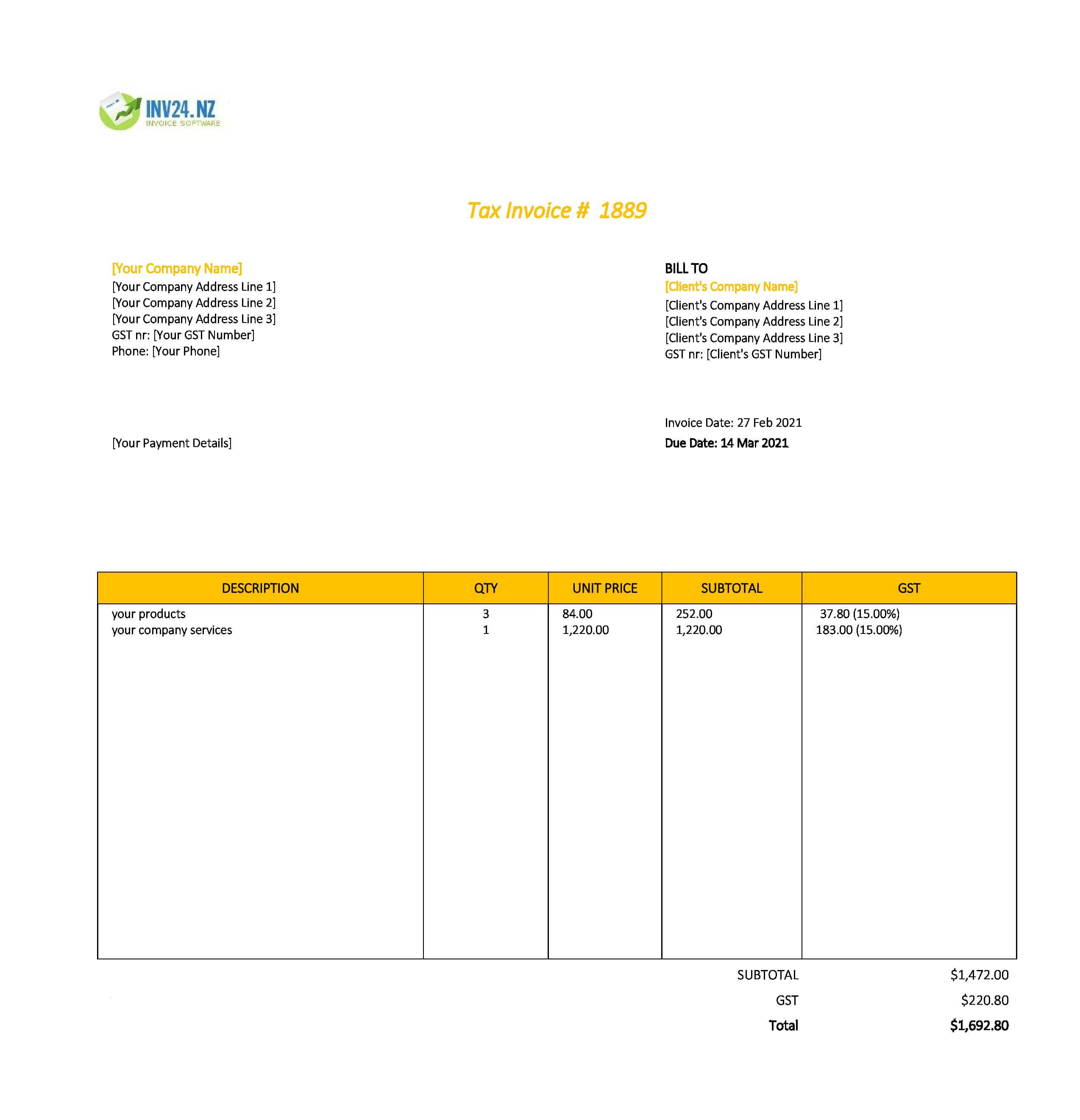 company invoice template nz excel