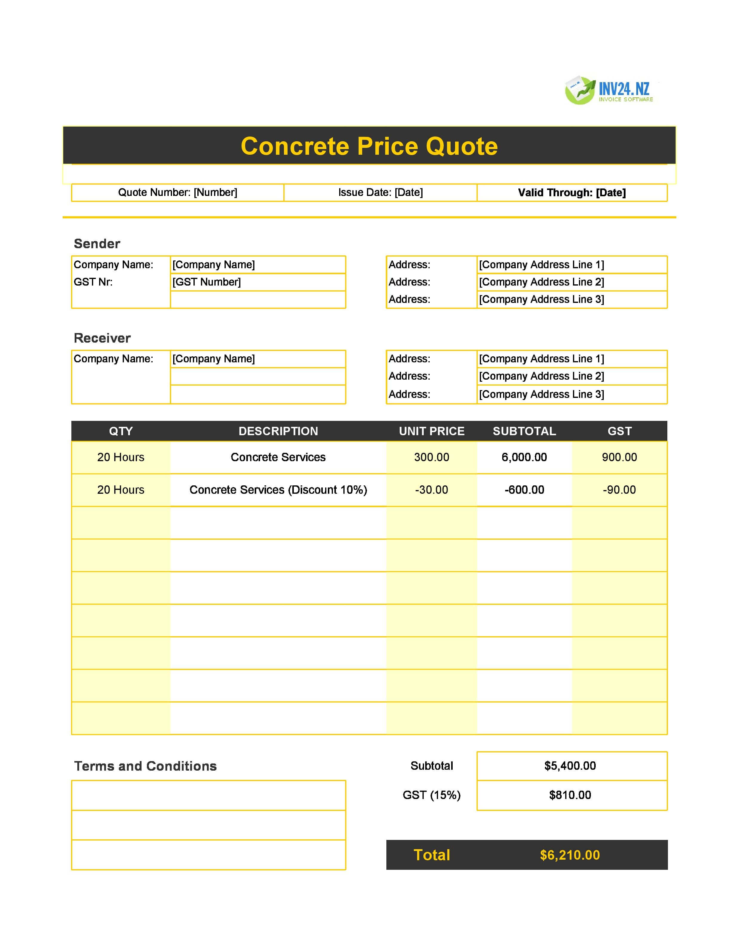 Concrete Quote Template for New Zealand (Excel / Google Sheets)