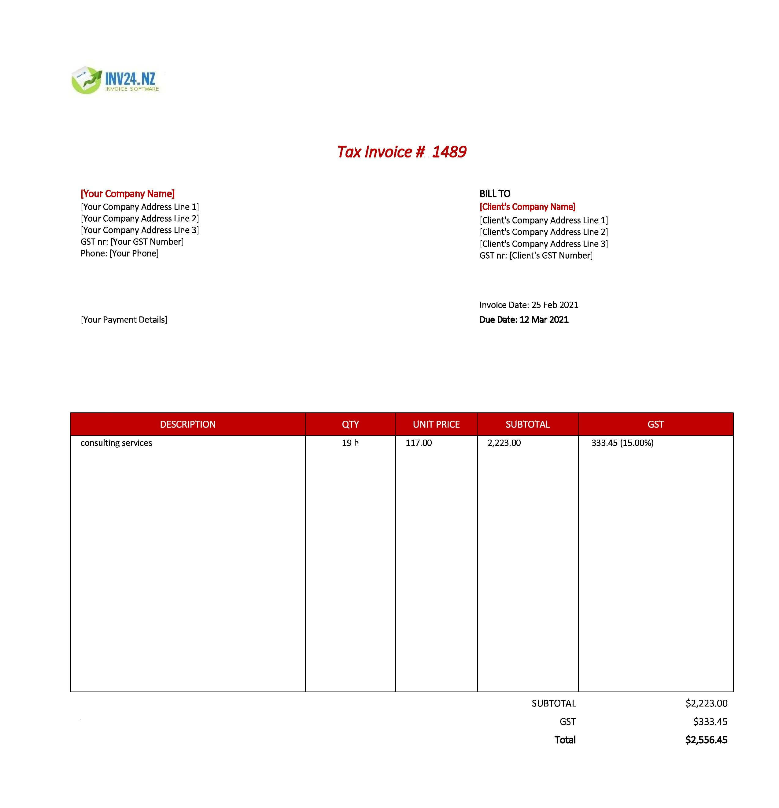 consulting invoice template nz