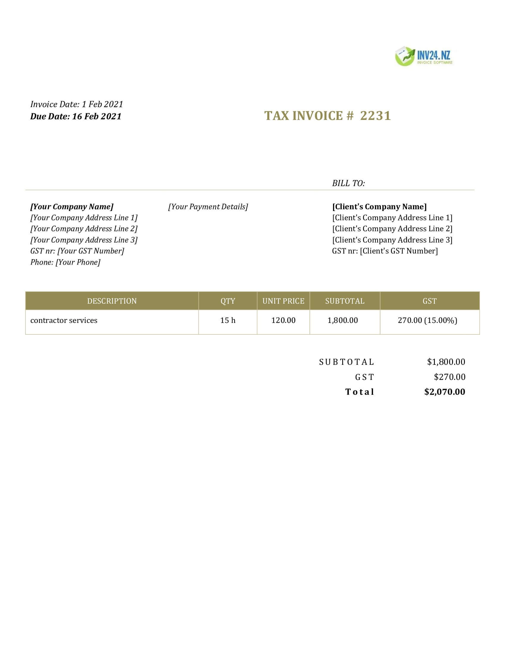 contractor invoice template nz