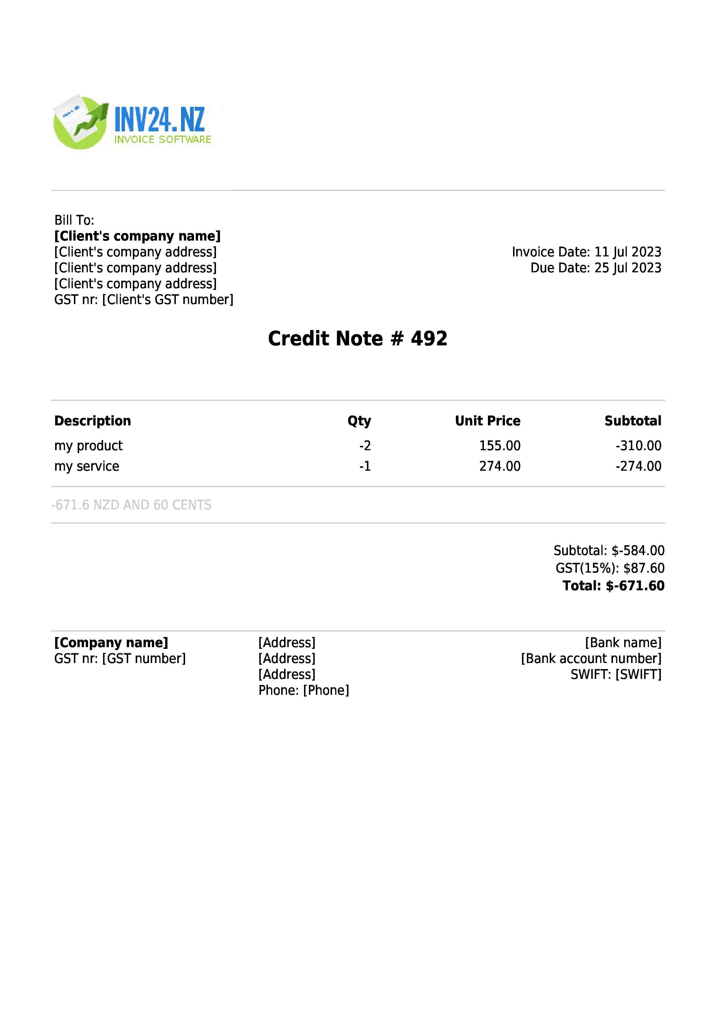 credit note sample new zealand