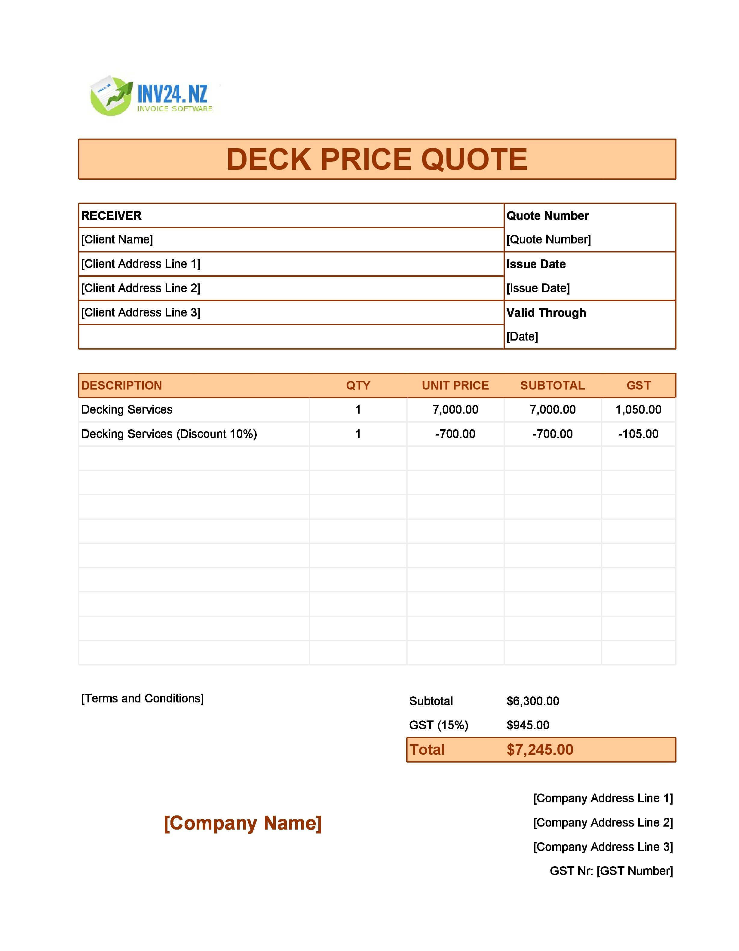 Deck Quote Template for New Zealand (Excel / Google Sheets)