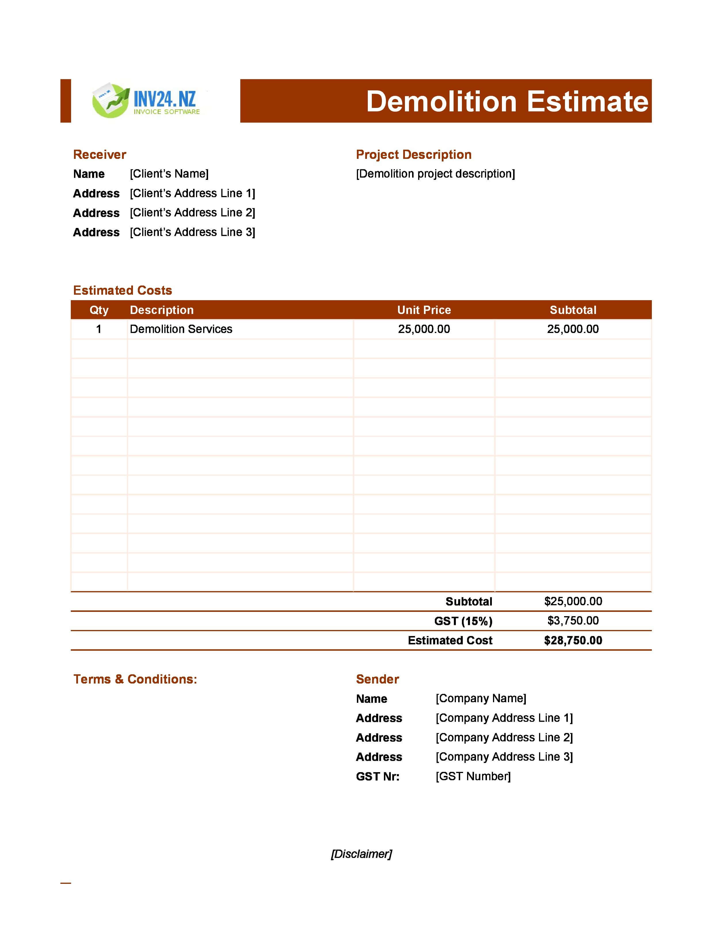 Demolition Estimate Template for New Zealand (Excel / Google Sheets)