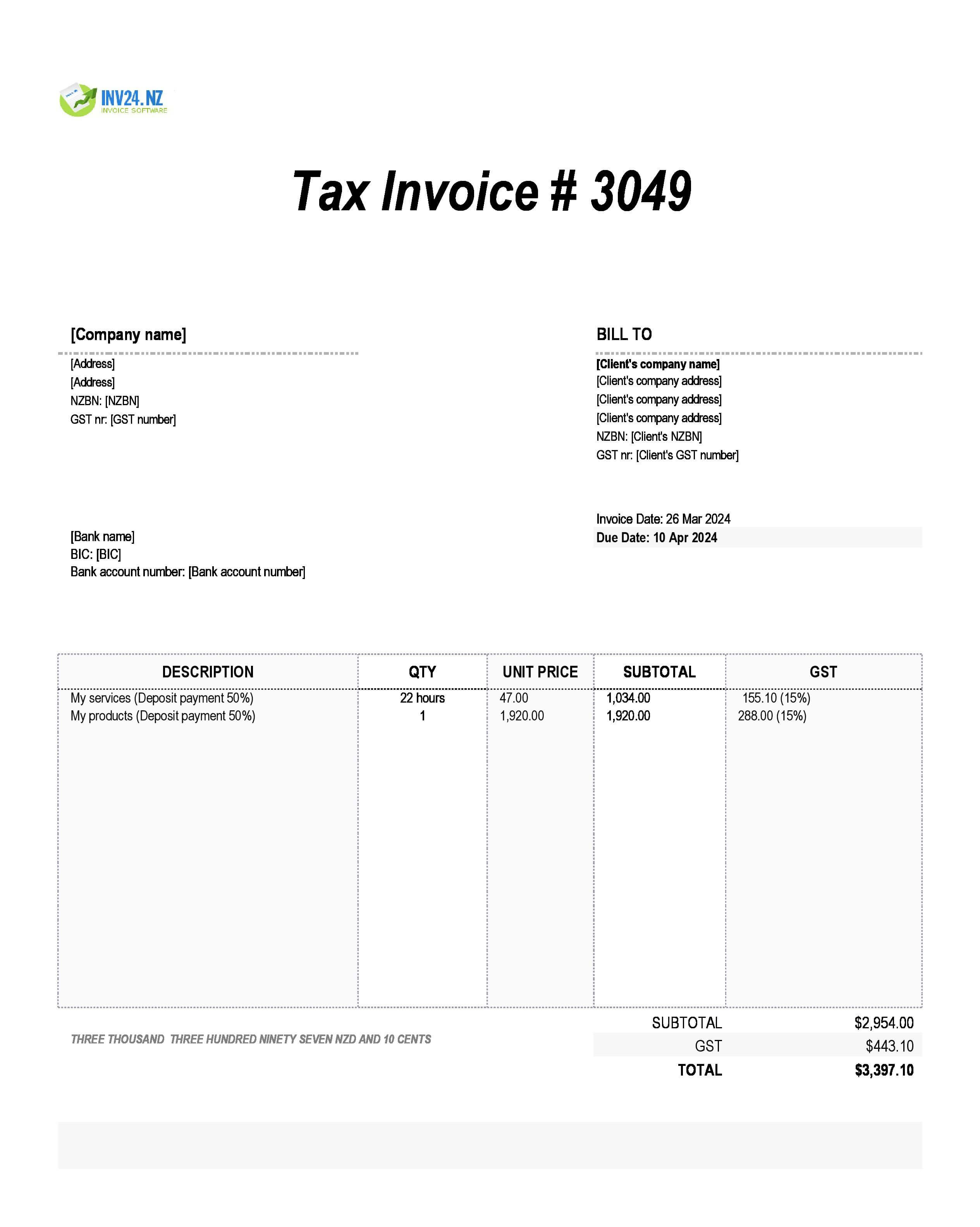 deposit invoice sample