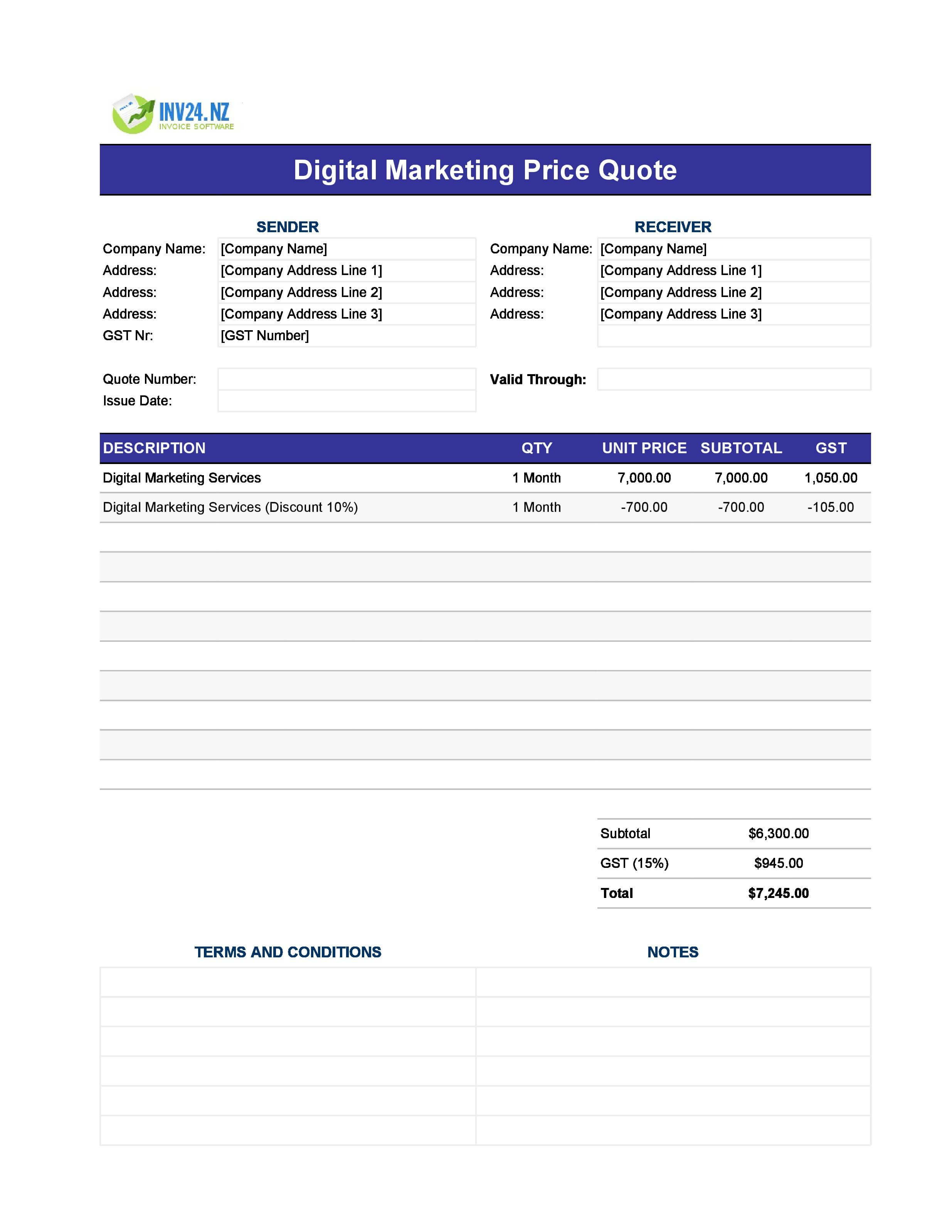 Digital Marketing Quote Template for New Zealand (Excel / Google Sheets)