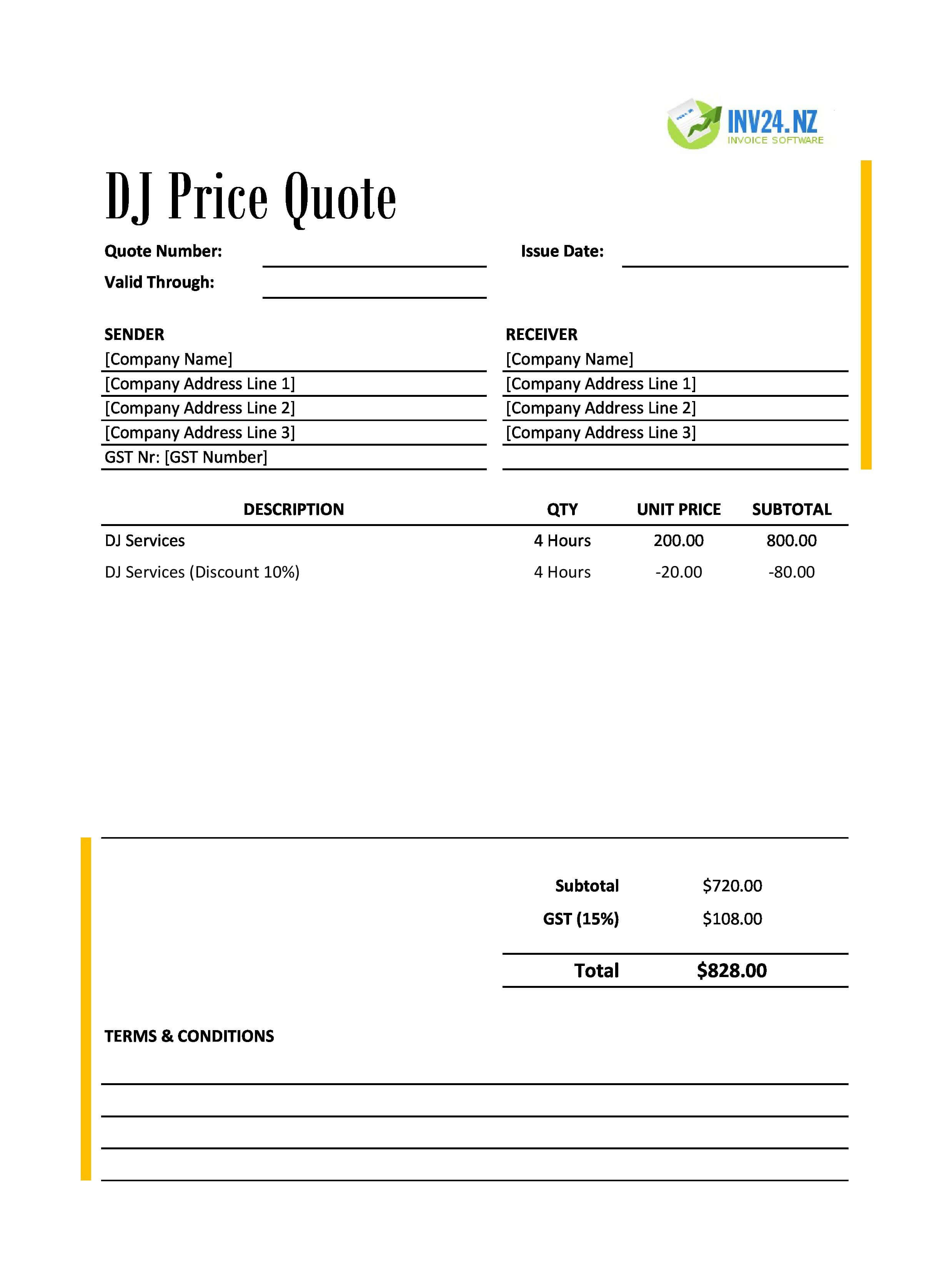 DJ Quote Template for New Zealand (Excel / Google Sheets)