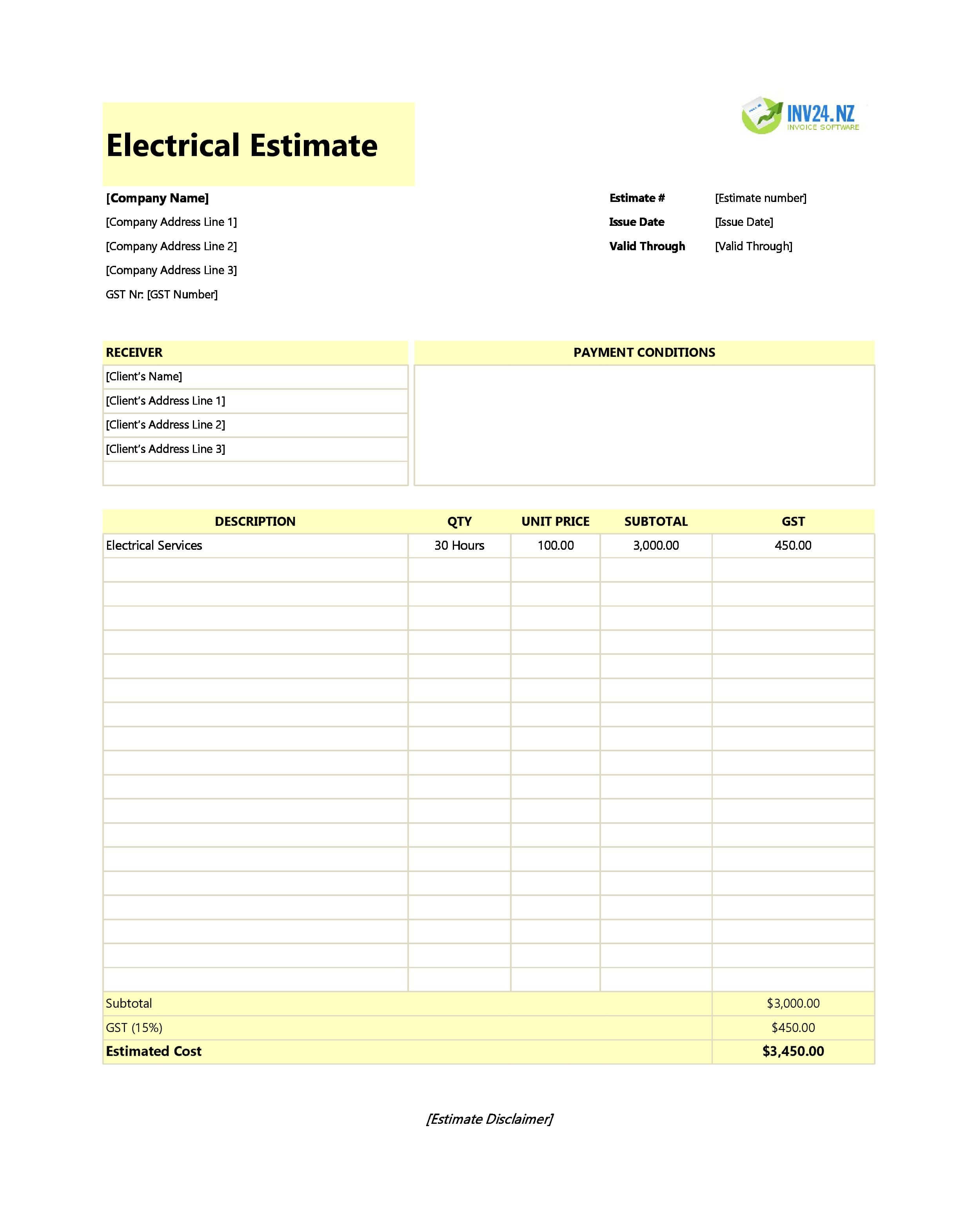 Electrical Estimate Template for New Zealand (Excel / Google Sheets)