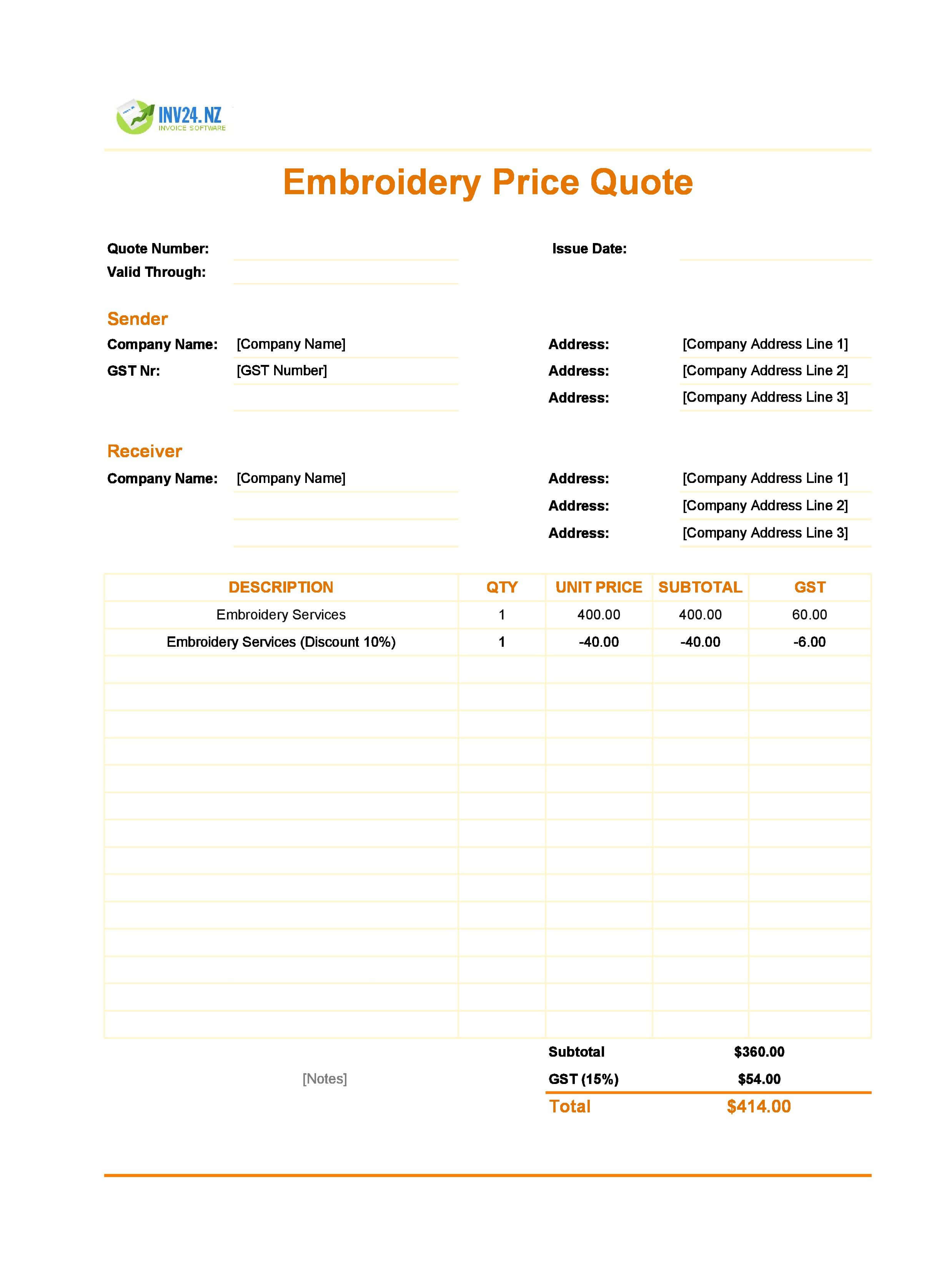 Embroidery Quote Template for New Zealand (Excel / Google Sheets)