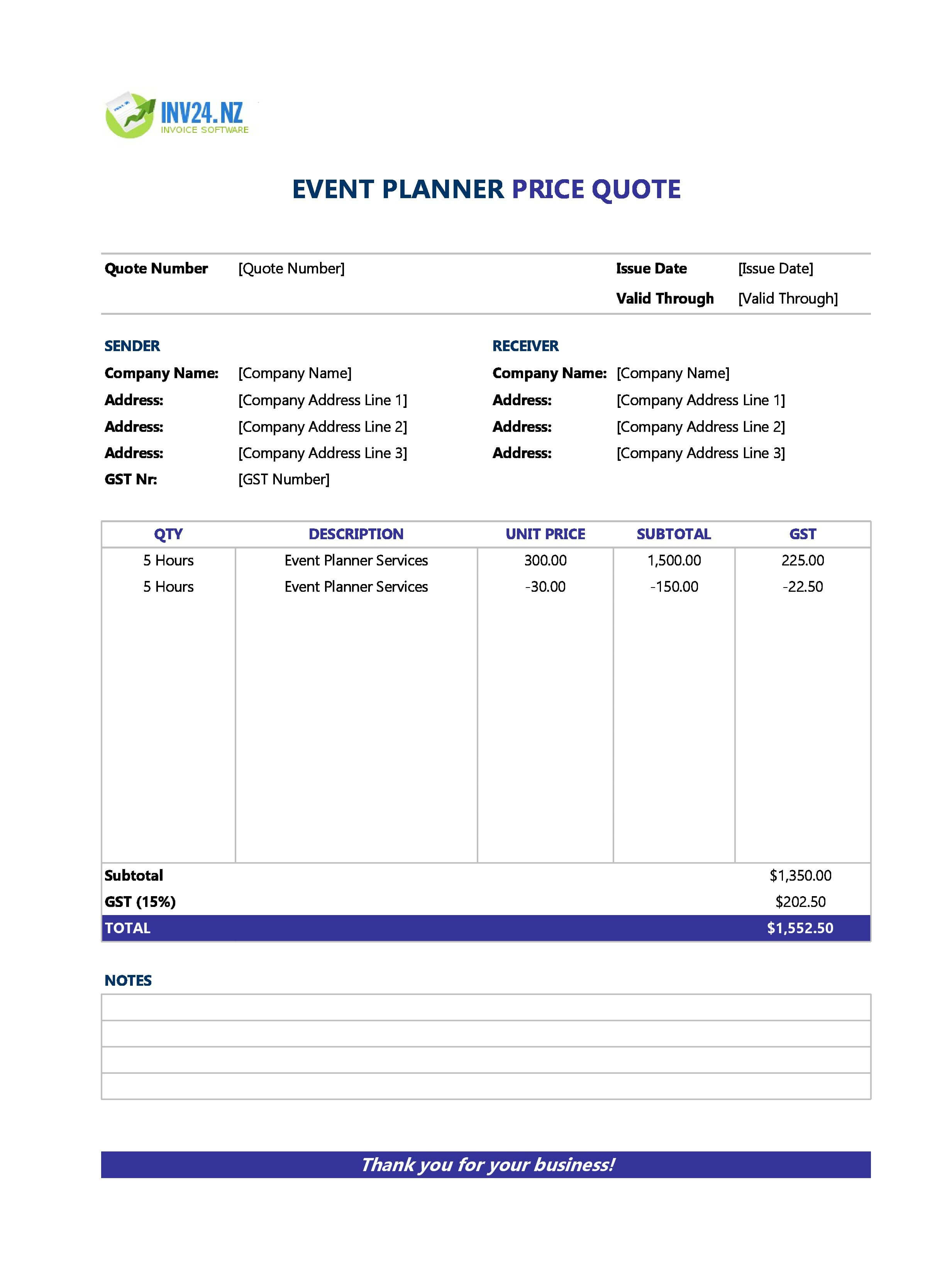 Event Planner Quote Template for New Zealand (Excel / Google Sheets)