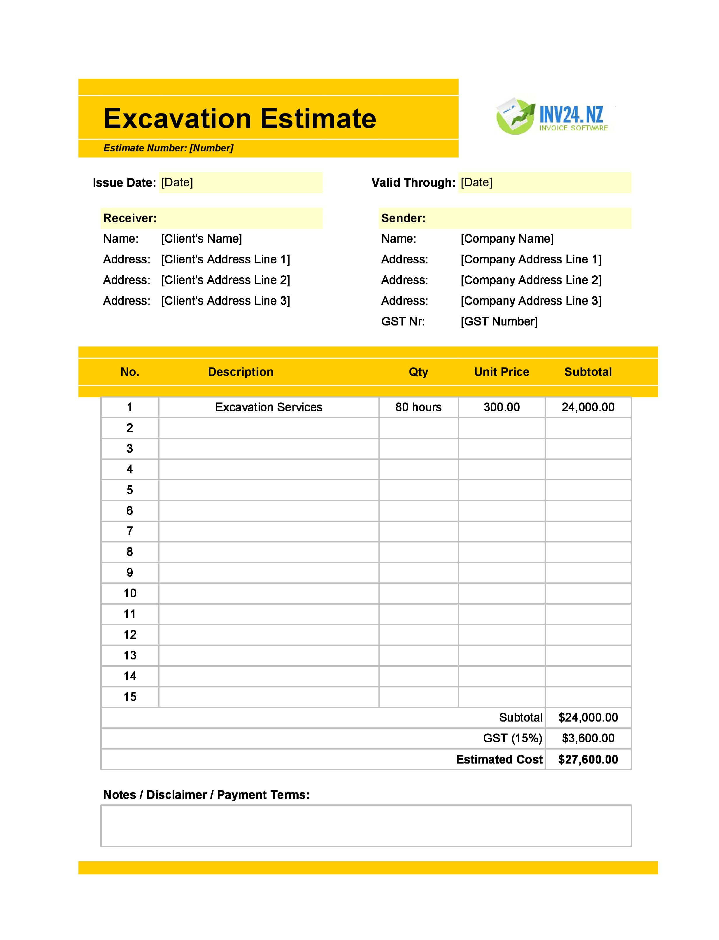 Excavation Estimate Template for New Zealand (Excel / Google Sheets)