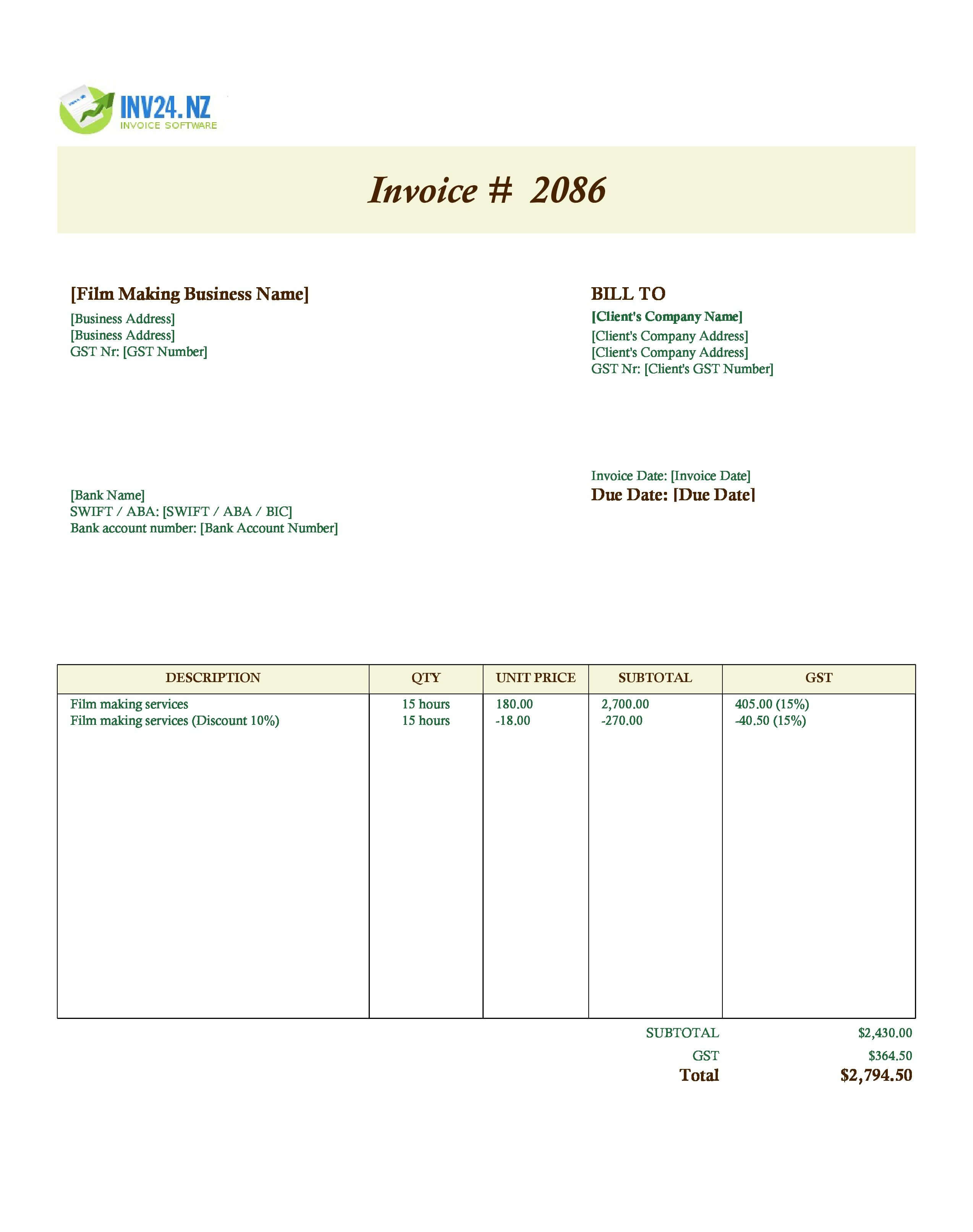 Filmmaking Invoice Template for New Zealand (Excel / Google Sheets)