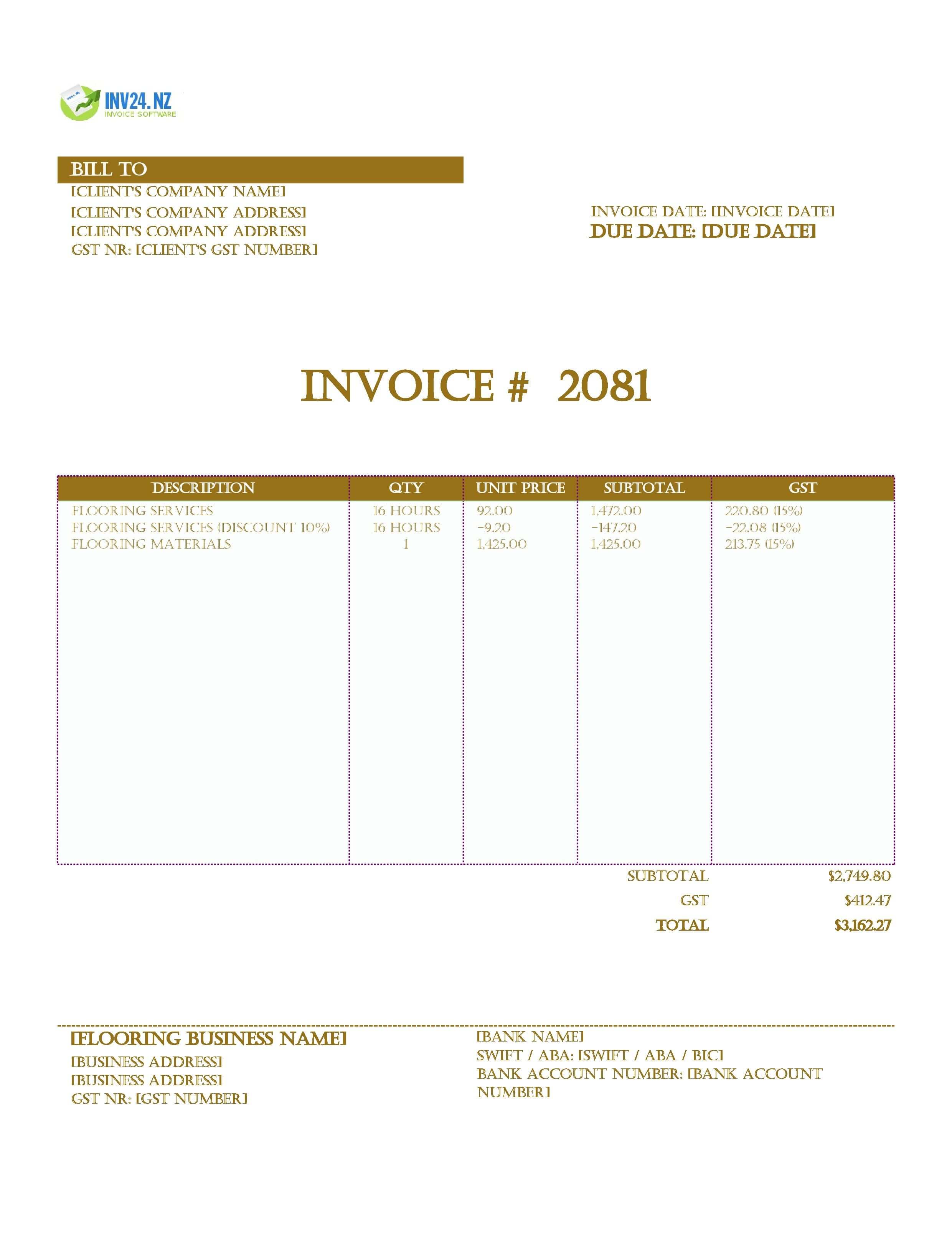 Flooring Invoice Template for New Zealand (Excel / Google Sheets)