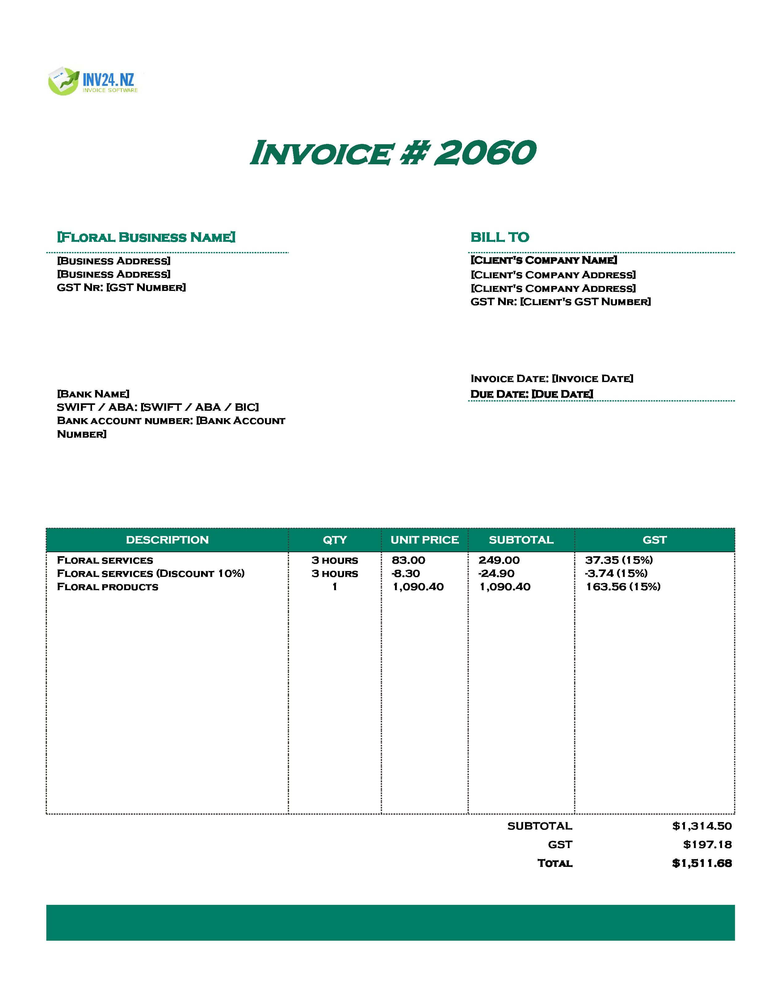 Floral Invoice Template for New Zealand (Excel / Google Sheets)