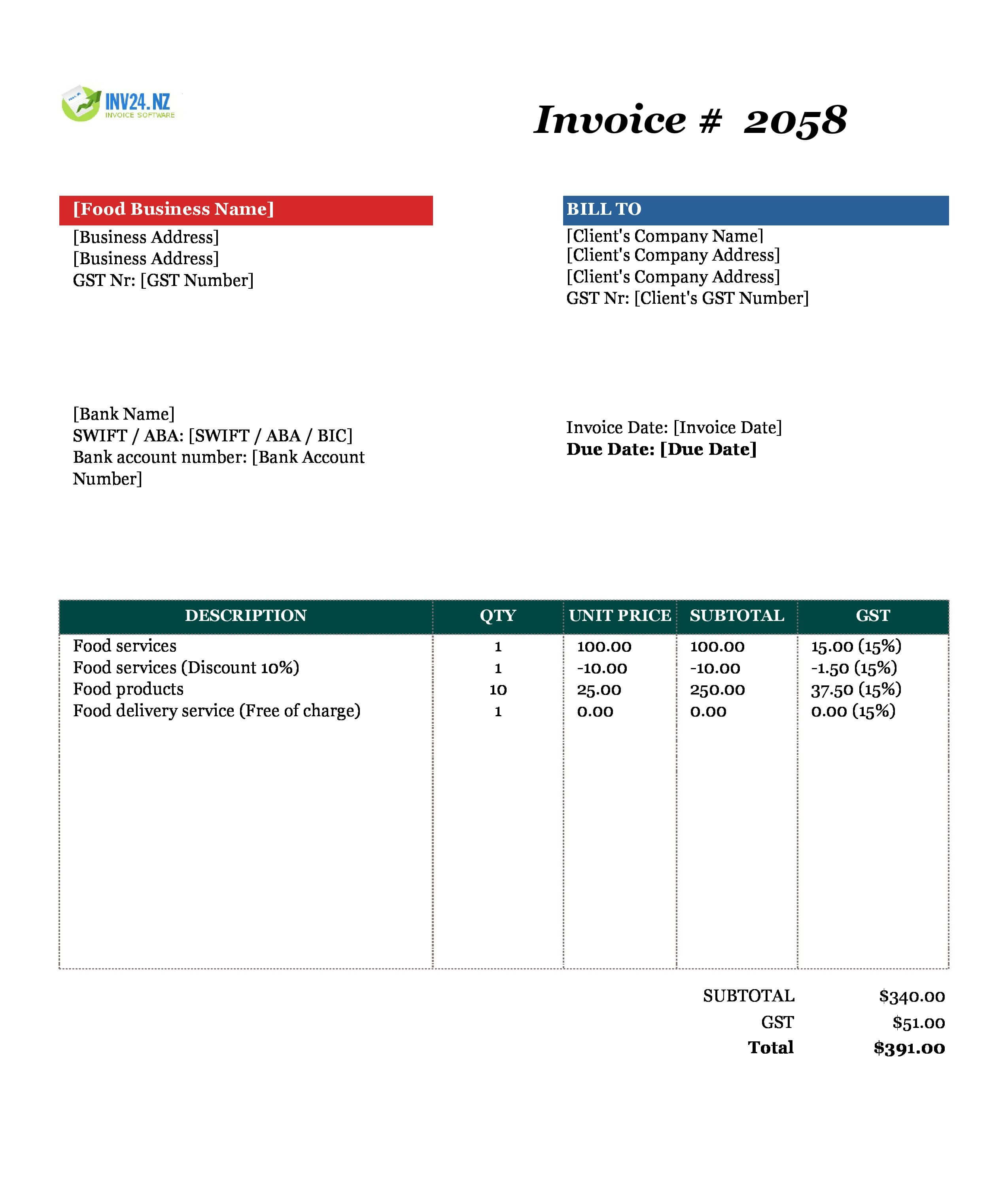 Food Invoice Template for New Zealand (Excel / Google Sheets)