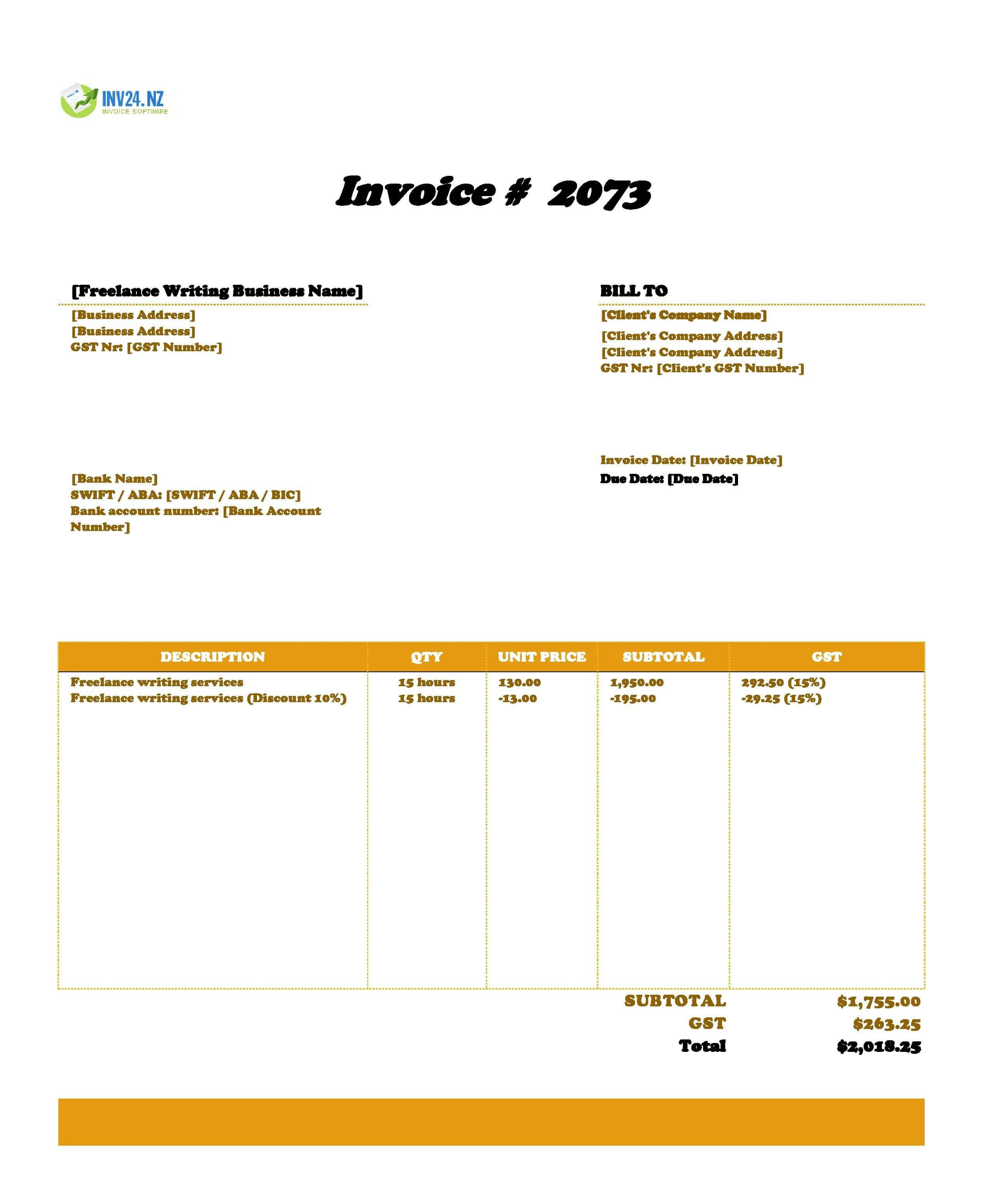 Freelance Writing Invoice Template for New Zealand (Excel / Google Sheets)