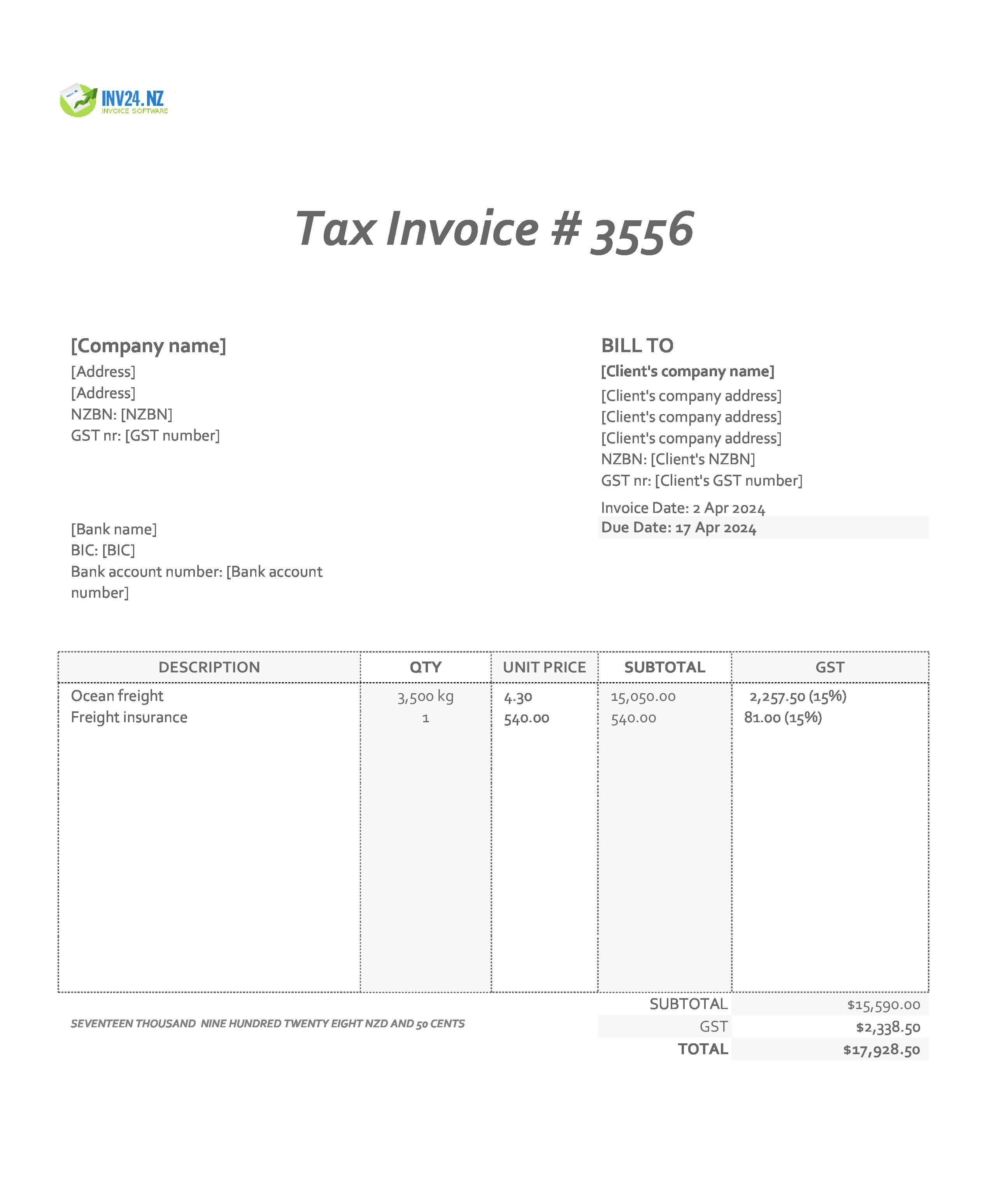 freight invoice template nz