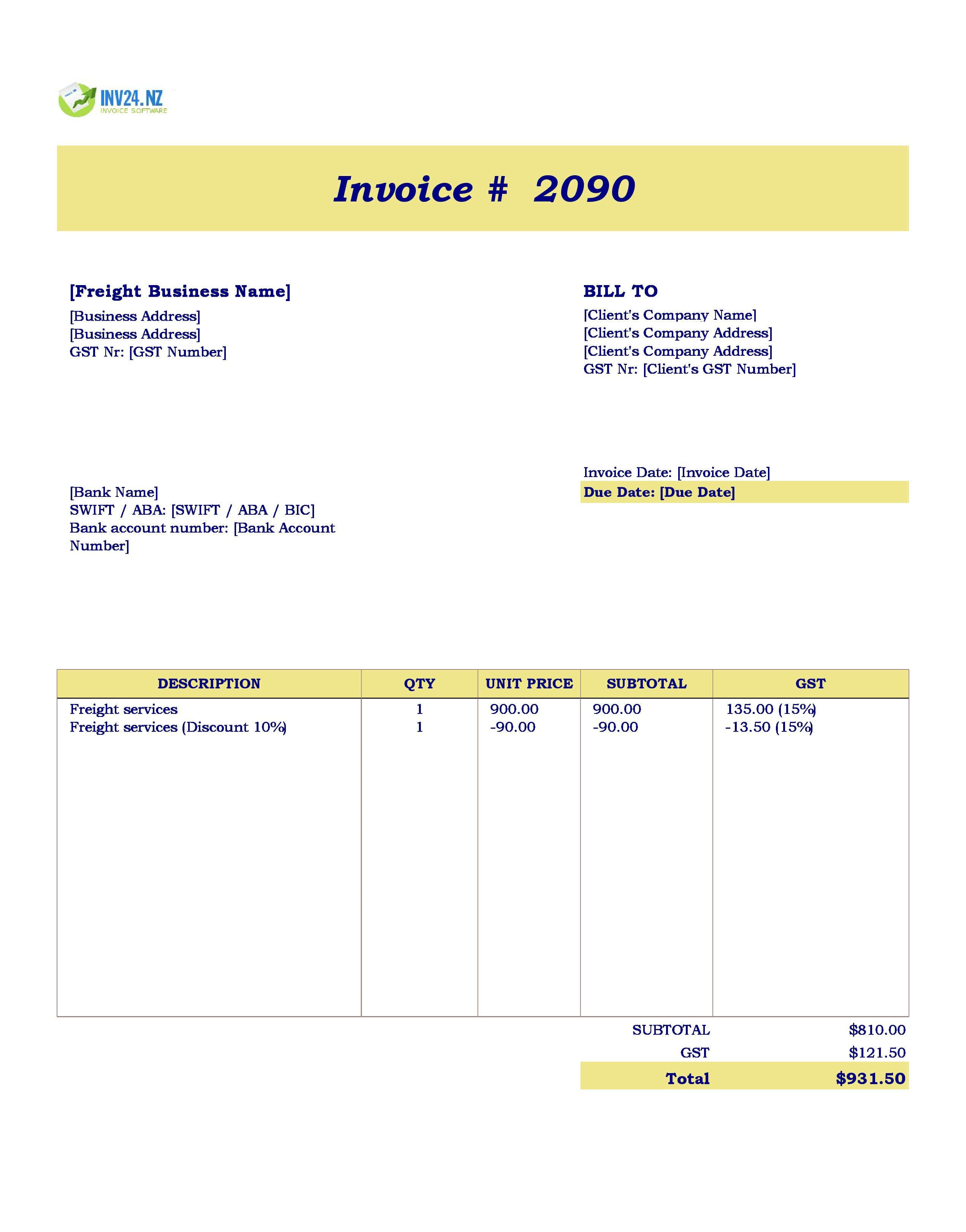 Freight Invoice Template for New Zealand (Excel / Google Sheets)