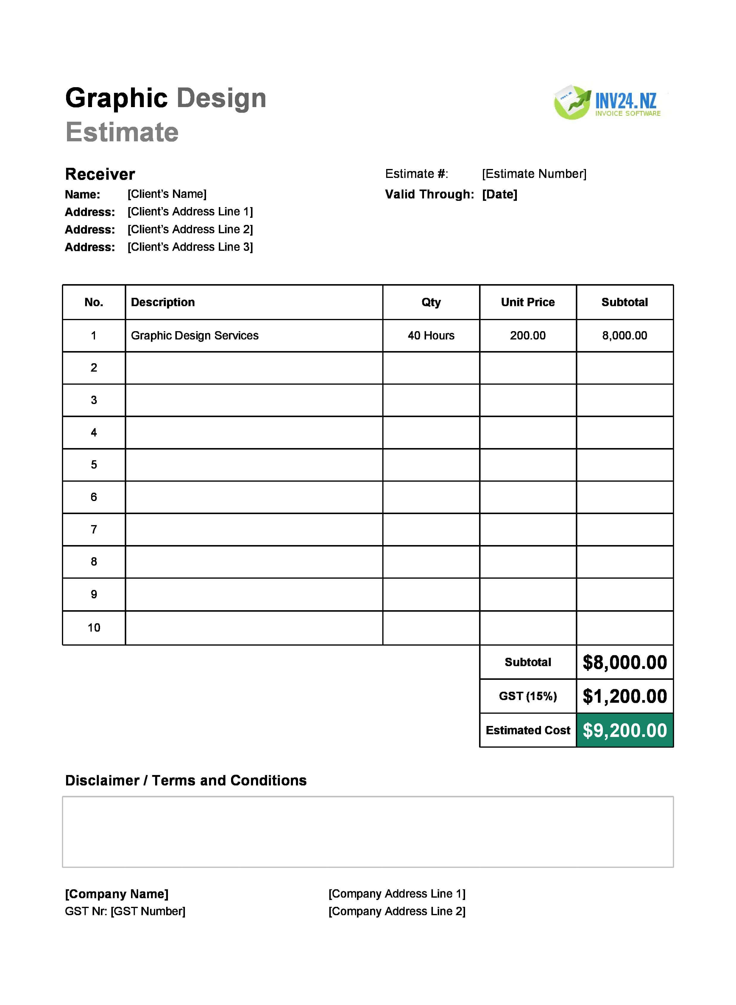 Graphic Design Estimate Template for New Zealand (Excel / Google Sheets)