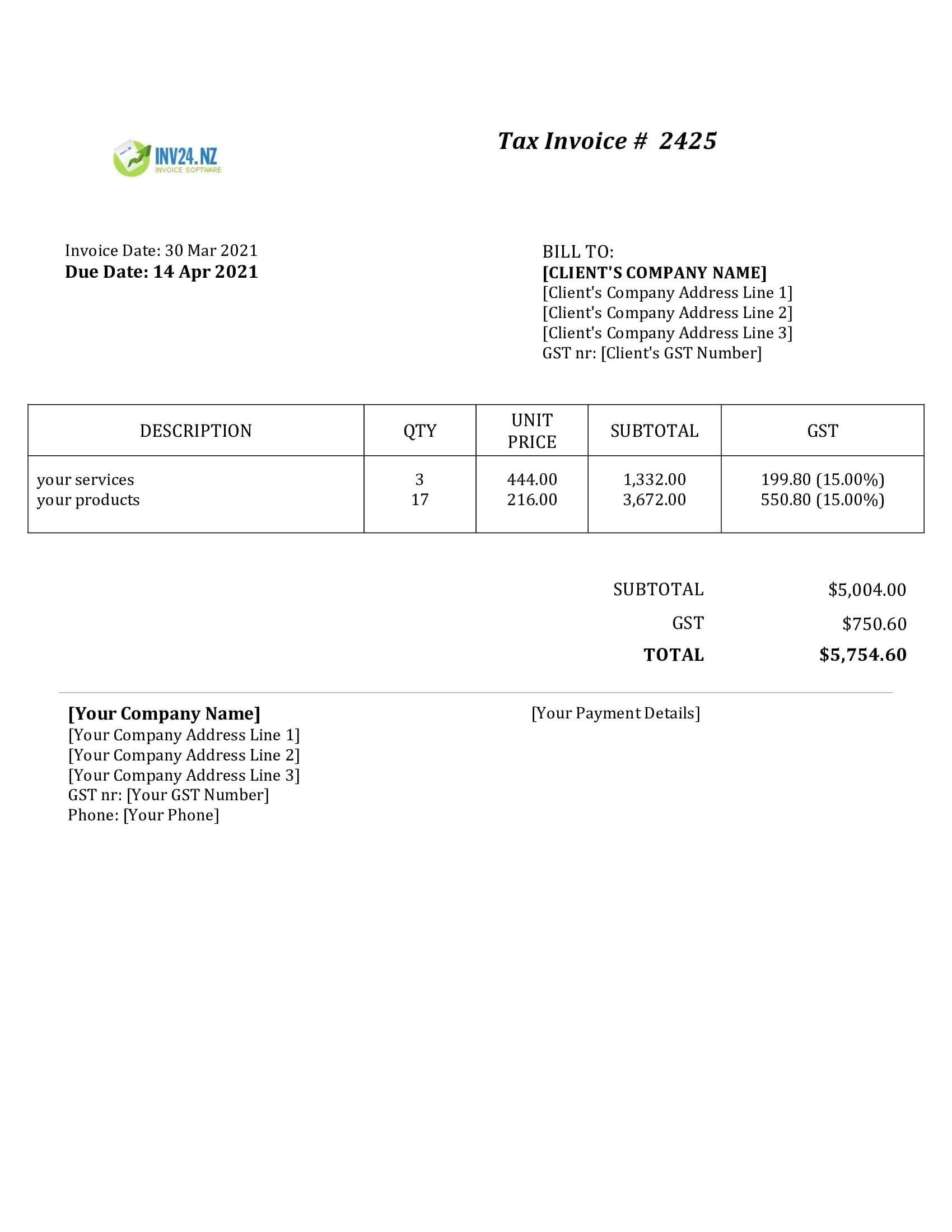 gst invoice template nz gst invoice template nz