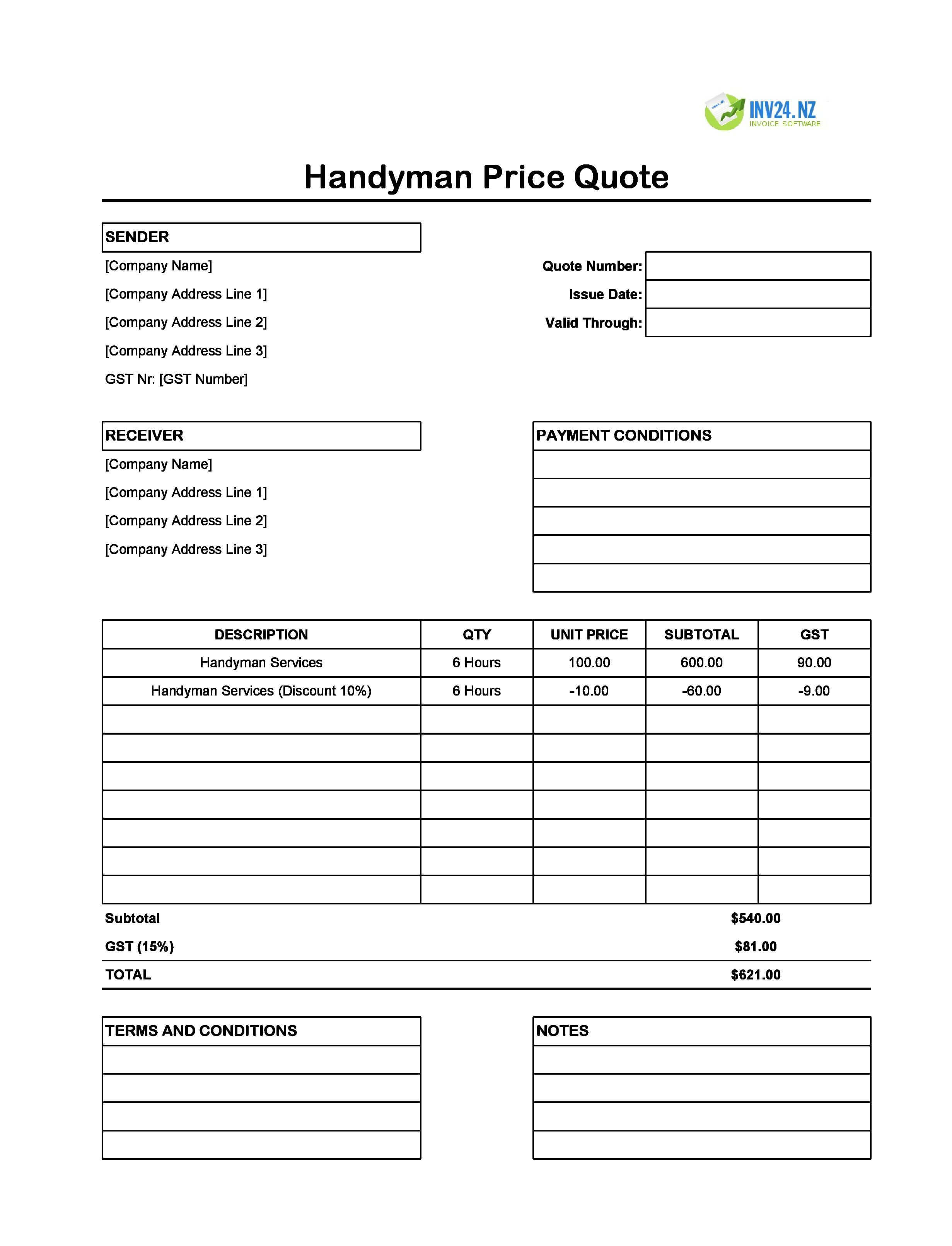 Handyman Quote Template for New Zealand (Excel / Google Sheets)
