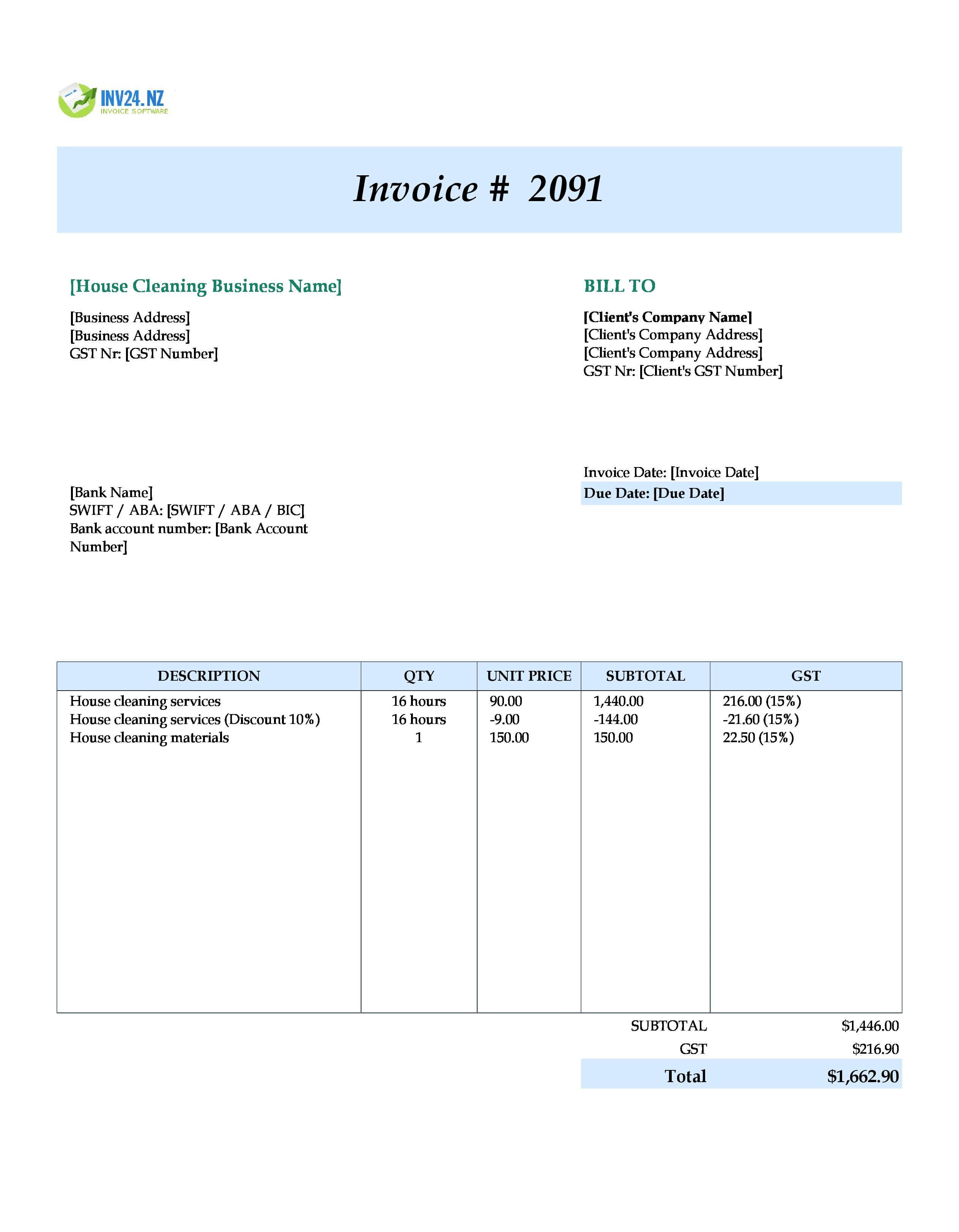 House Cleaning Invoice Template for New Zealand (Excel / Google Sheets) House Cleaning Invoice Template for New Zealand (Excel / Google Sheets)