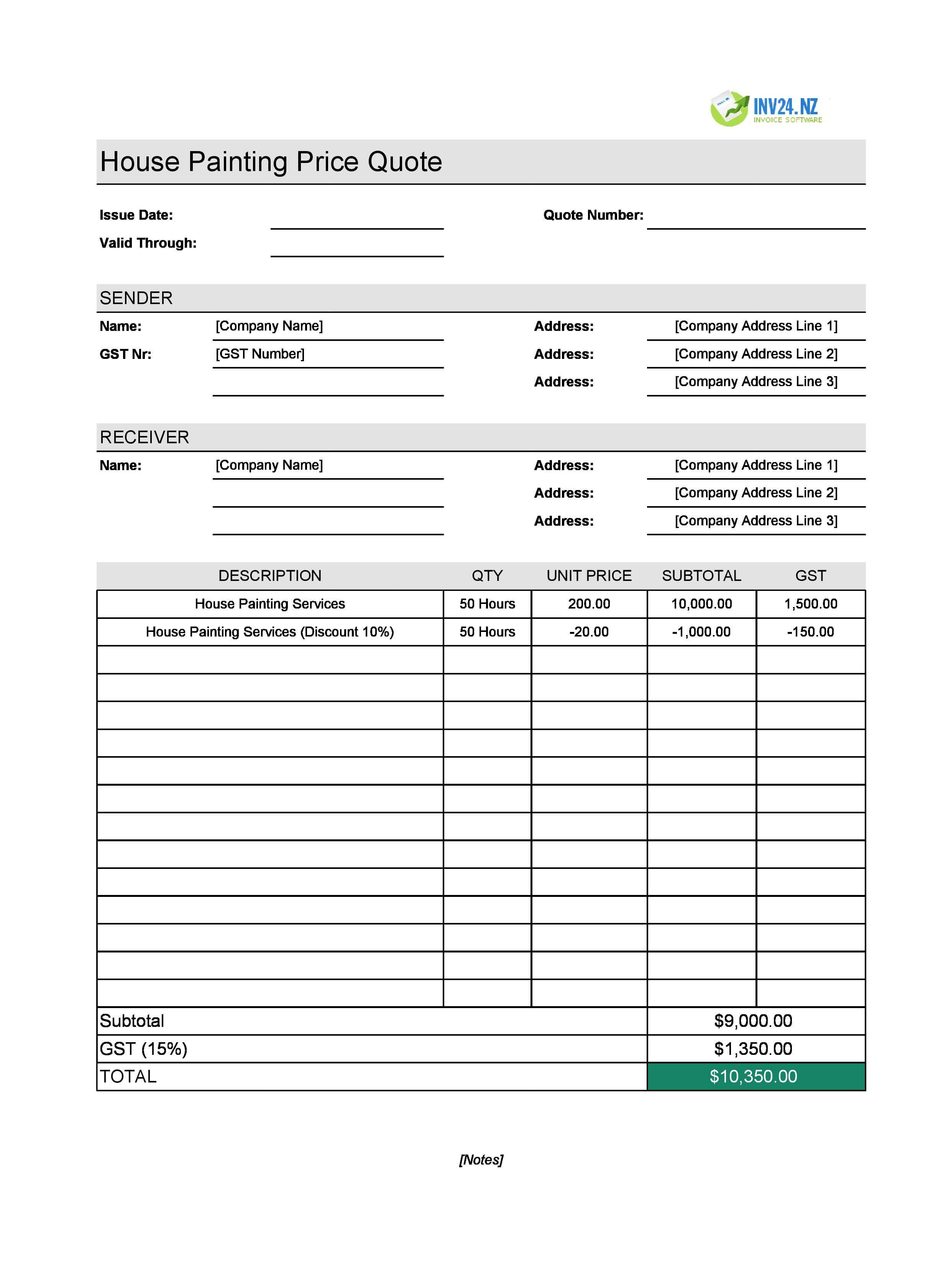 House Painting Quote Template for New Zealand (Excel / Google Sheets)