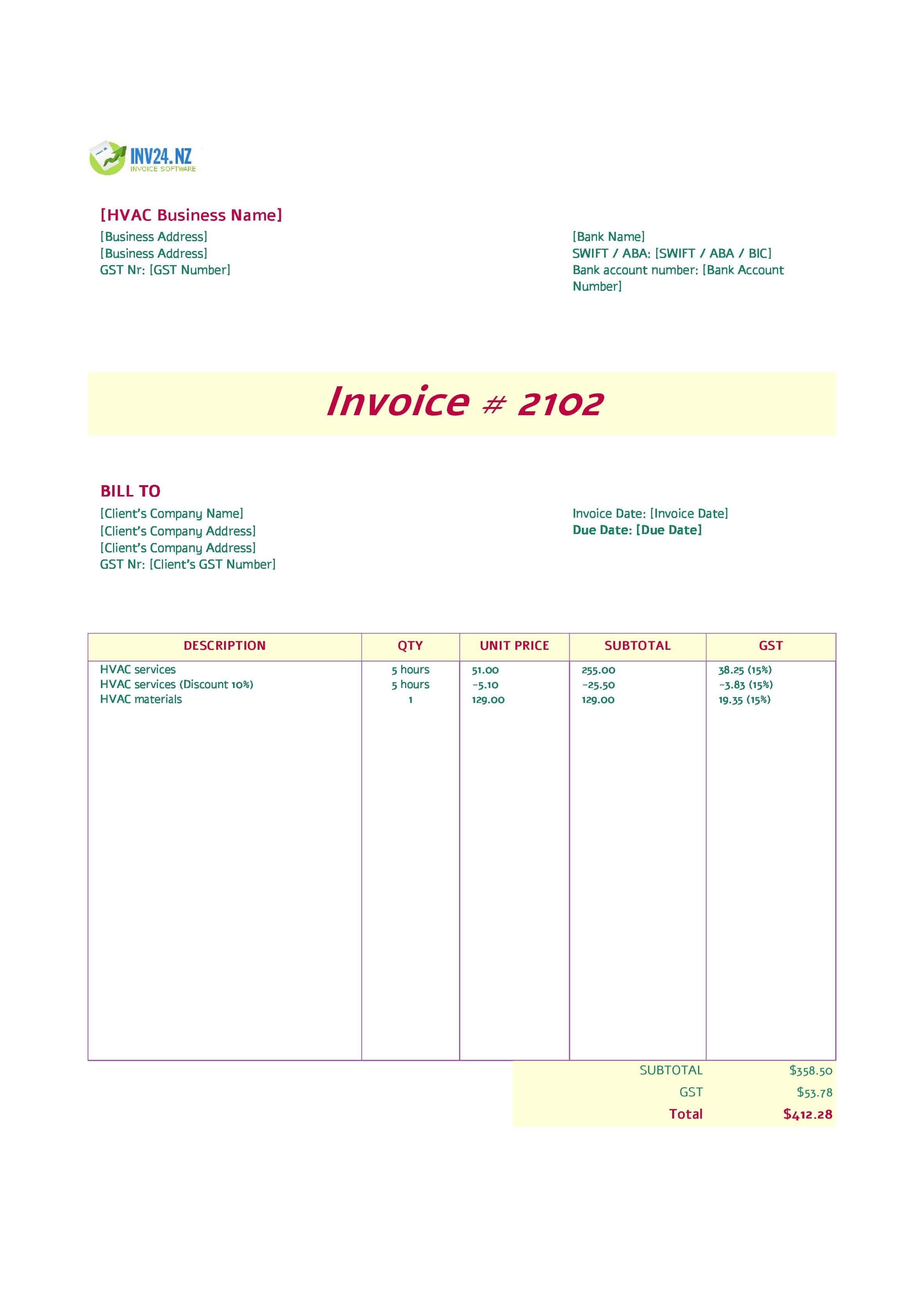 HVAC Invoice Template for New Zealand (Excel / Google Sheets) HVAC Invoice Template for New Zealand (Excel / Google Sheets)