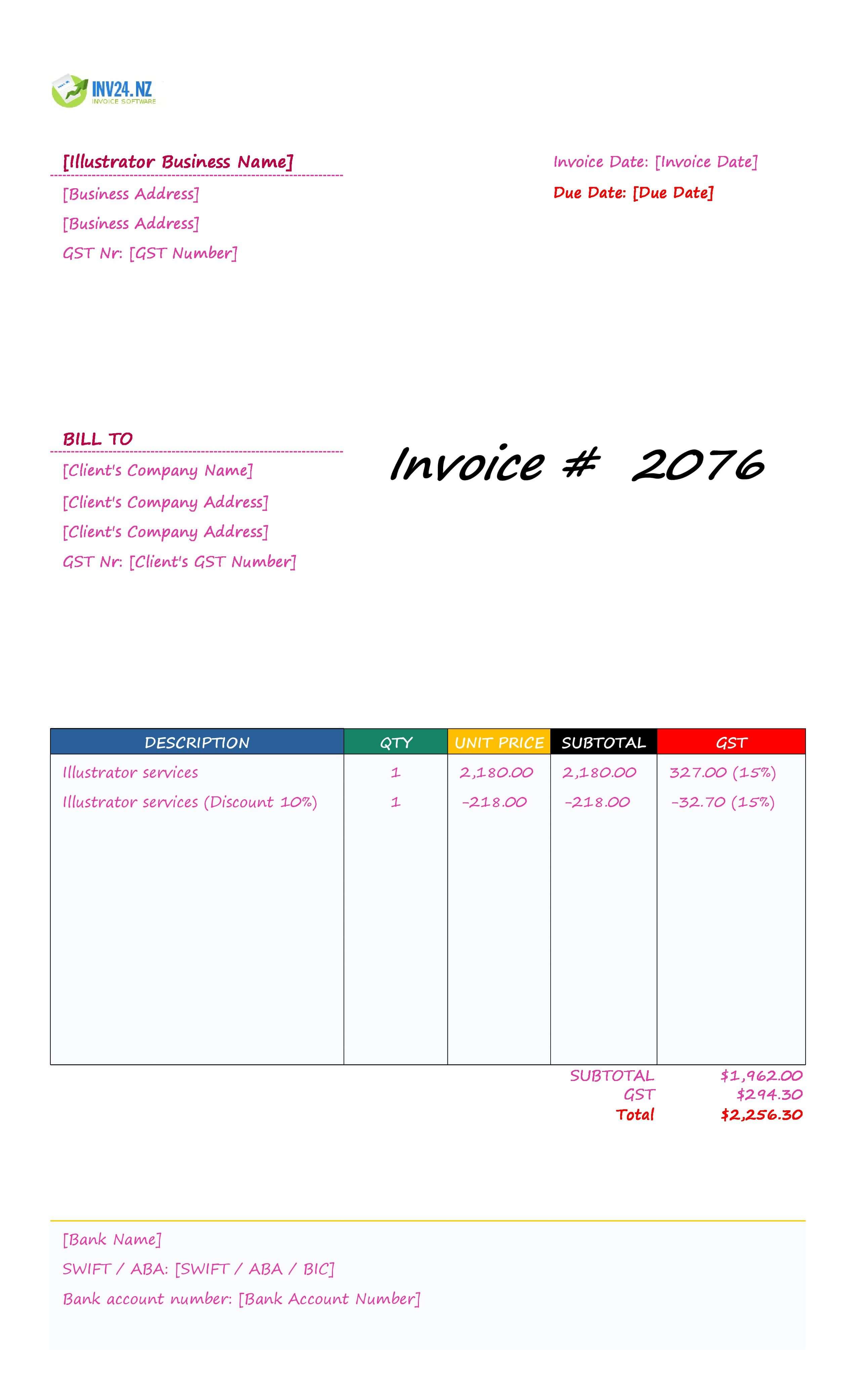 Illustrator Invoice Template for New Zealand (Excel / Google Sheets)