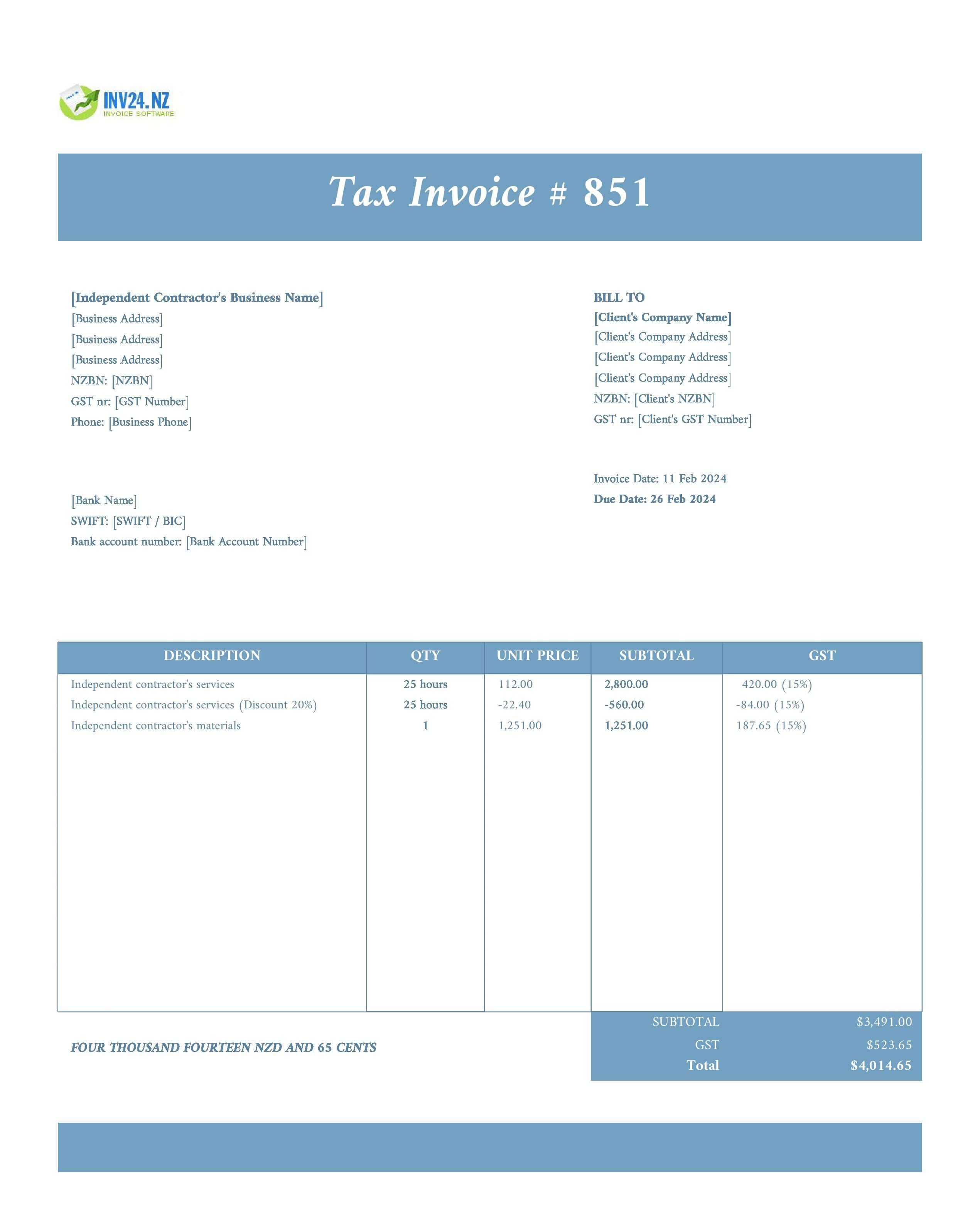 Independent Contractor Invoice Template NZ (Excel / Google Sheets)
