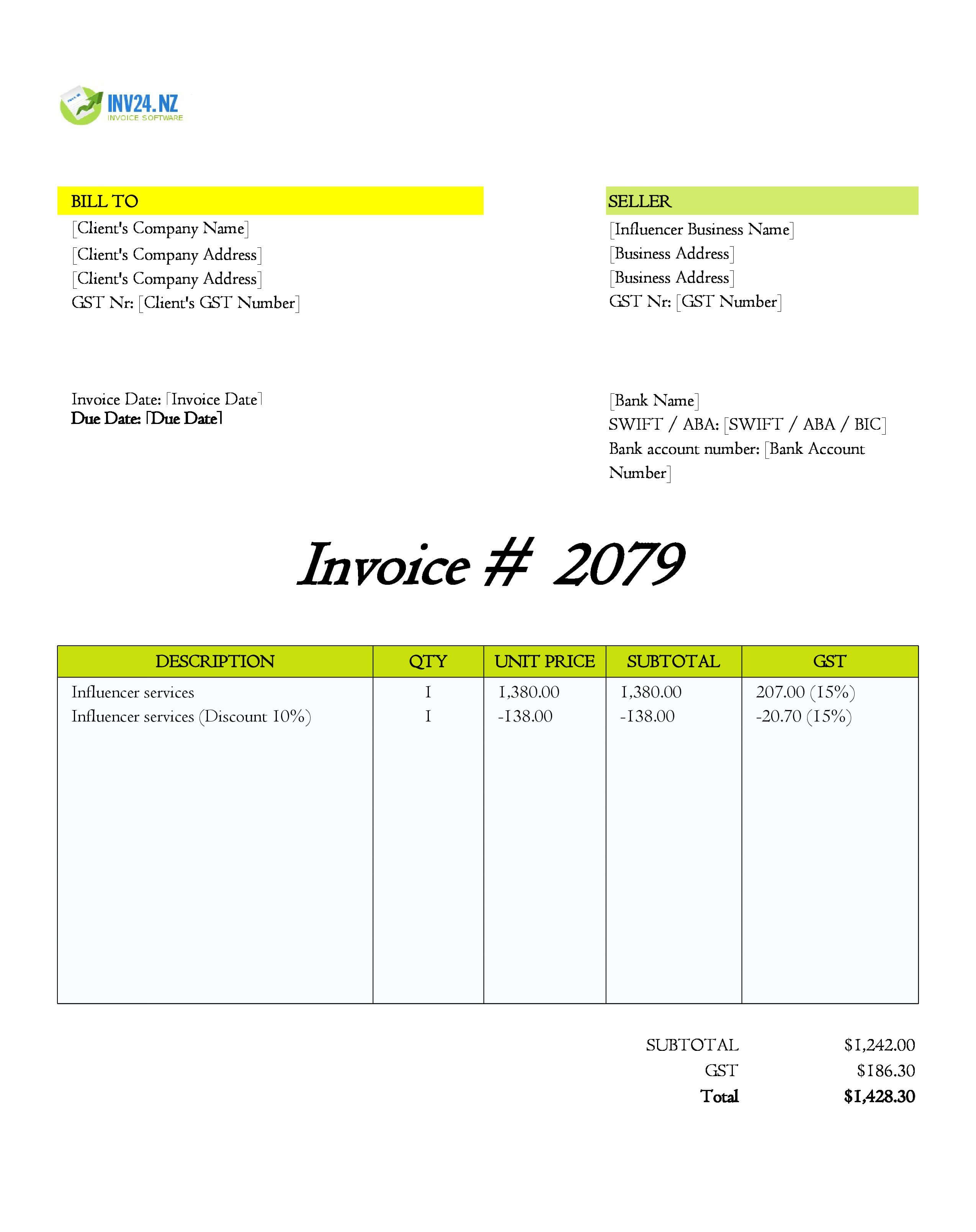 Influencer Invoice Template for New Zealand (Excel / Google Sheets)