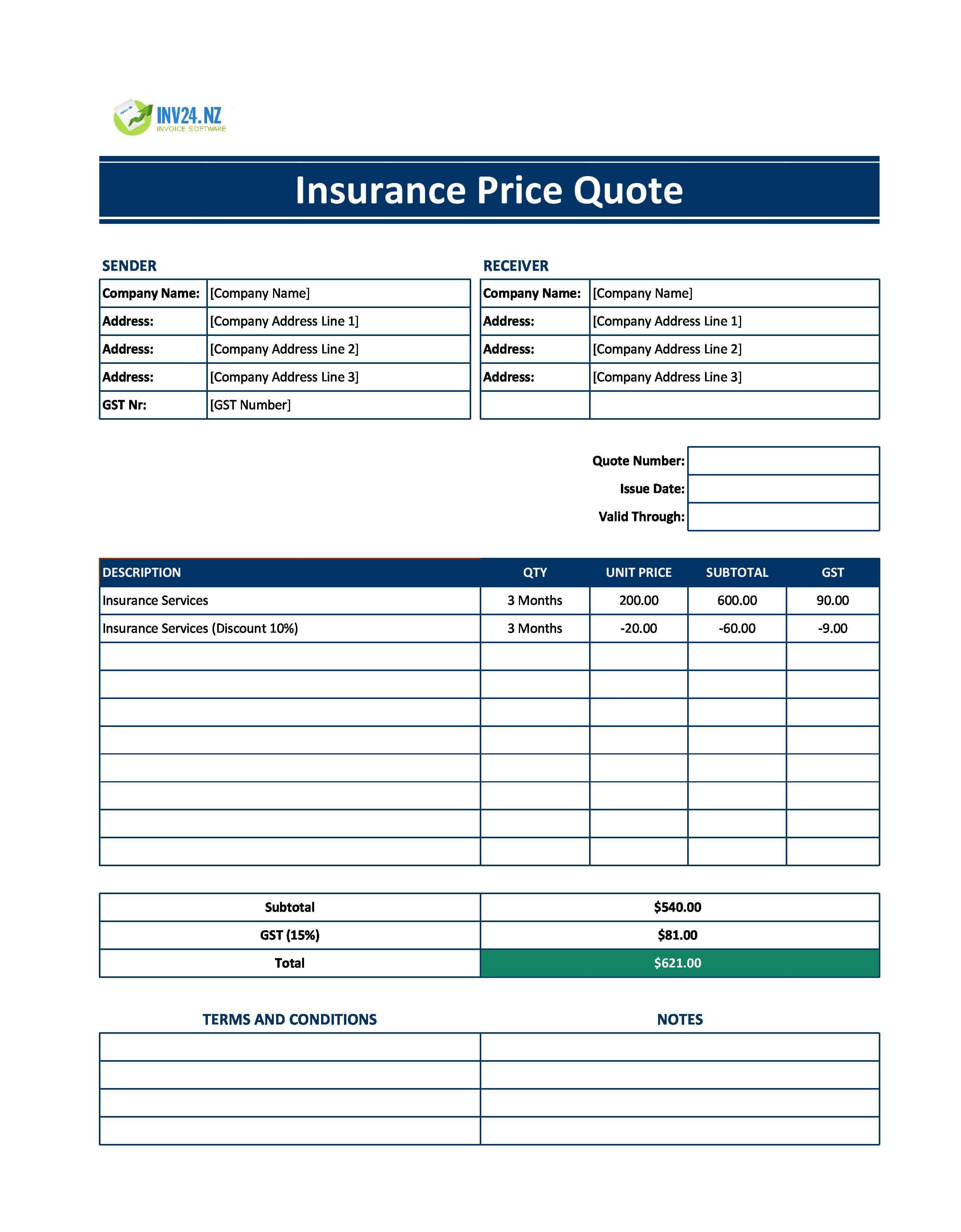 Insurance Quote Template for New Zealand (Excel / Google Sheets)