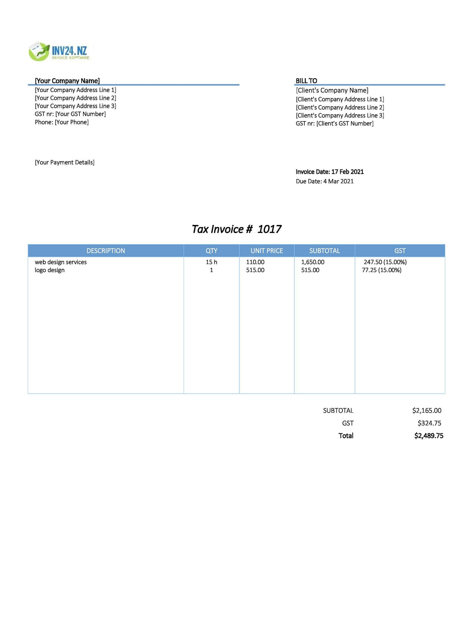 invoice design template nz excel