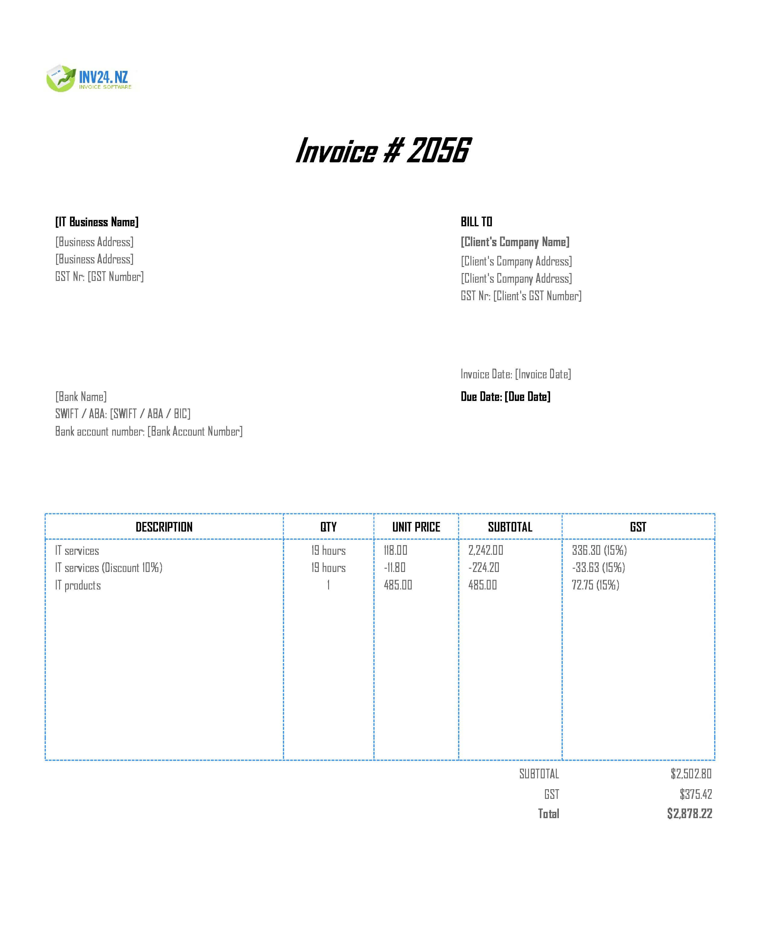 IT Invoice Template for New Zealand (Excel / Google Sheets)