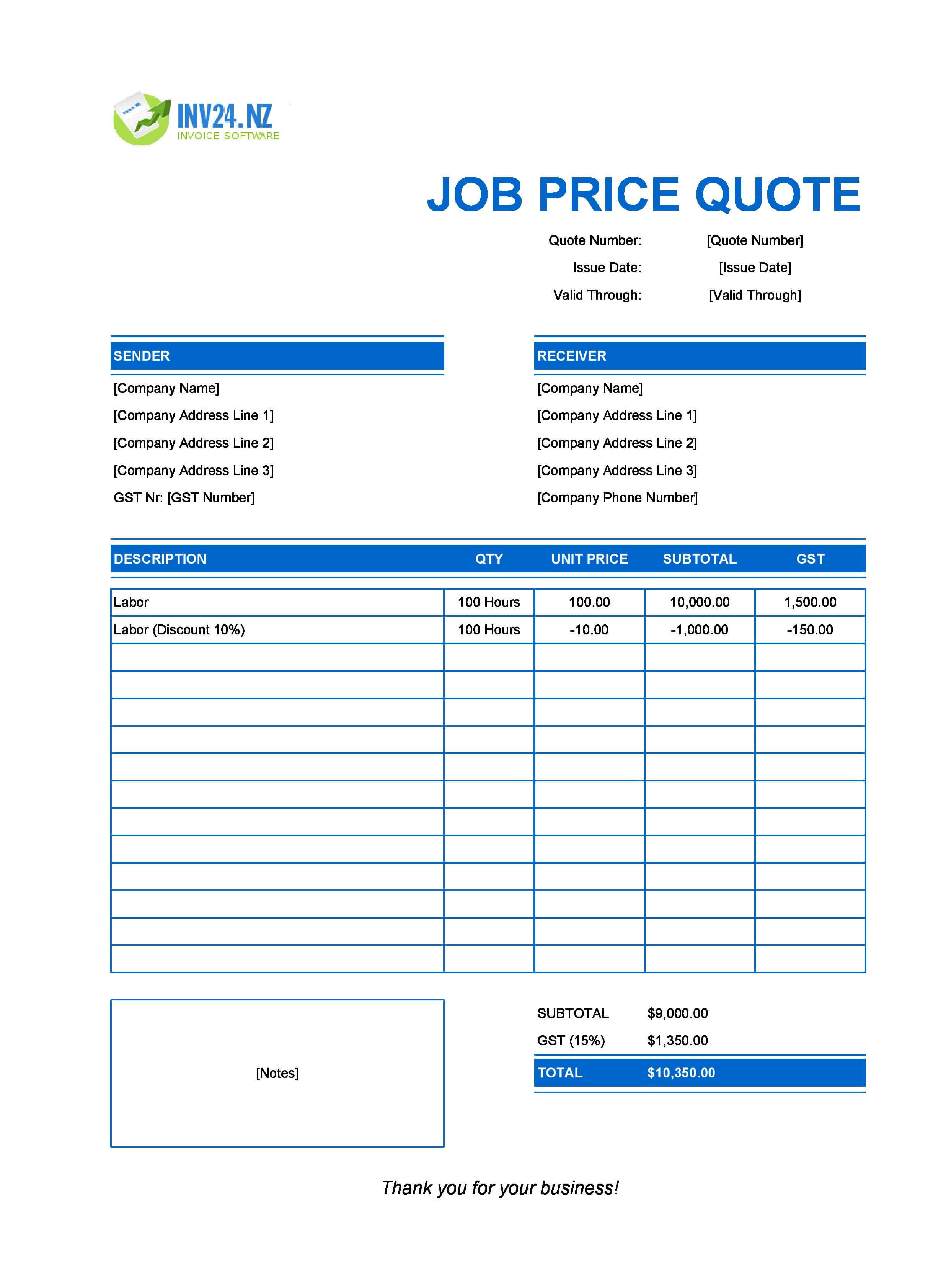 Job Quote Template Sheets for New Zealand (Excel / Google Sheets)