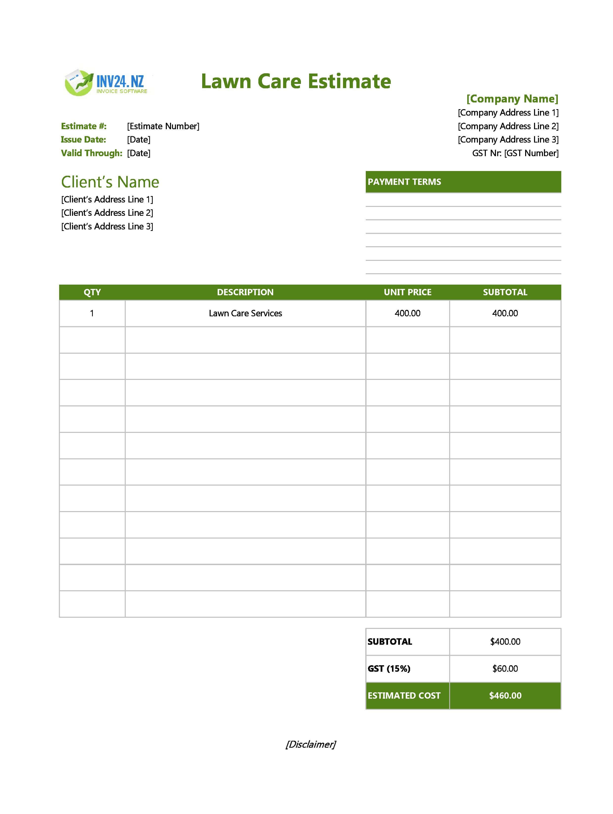 Lawn Care Estimate Template for New Zealand (Excel / Google Sheets)