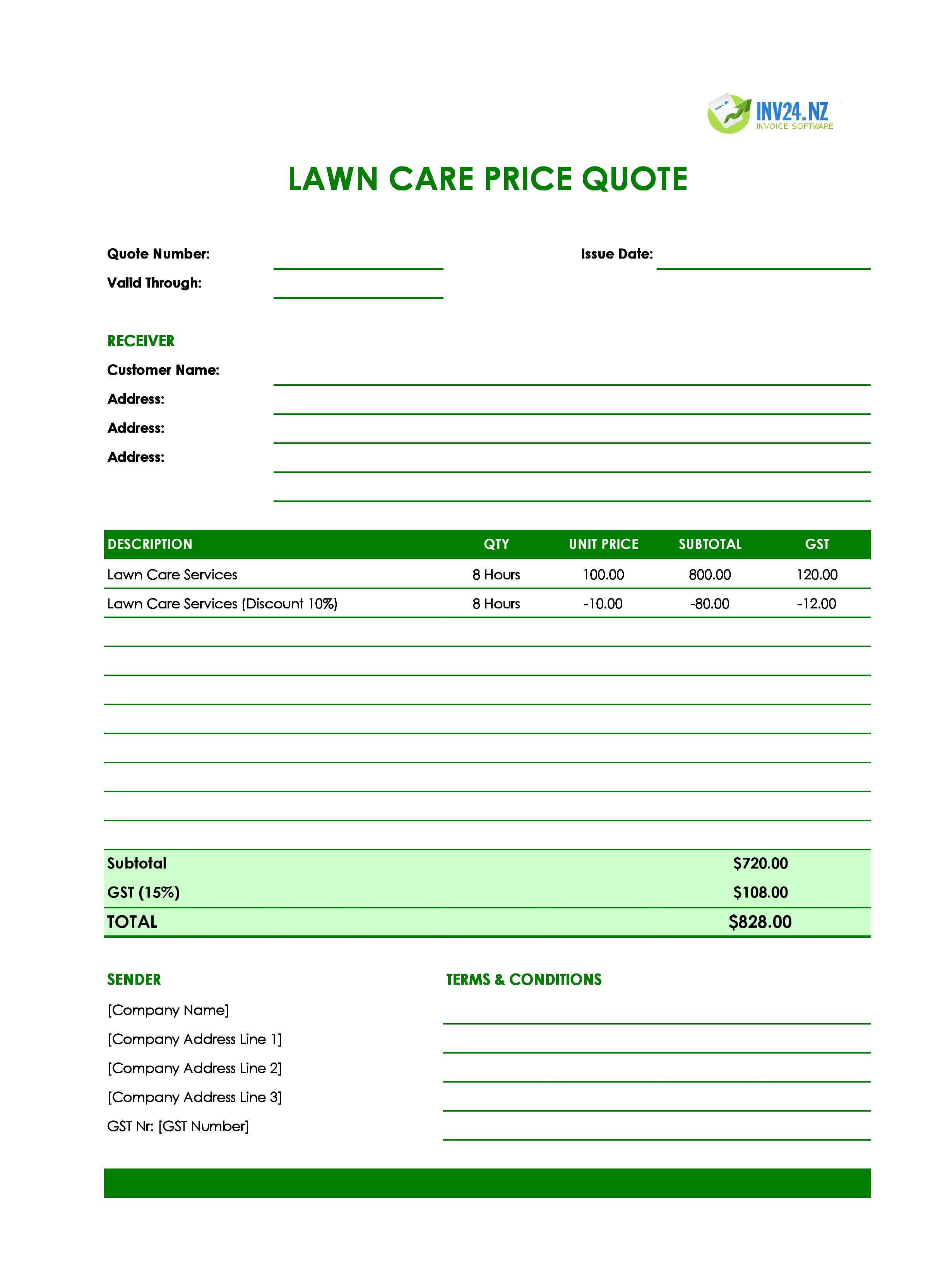 Lawn Care Quote Template for New Zealand (Excel / Google Sheets)