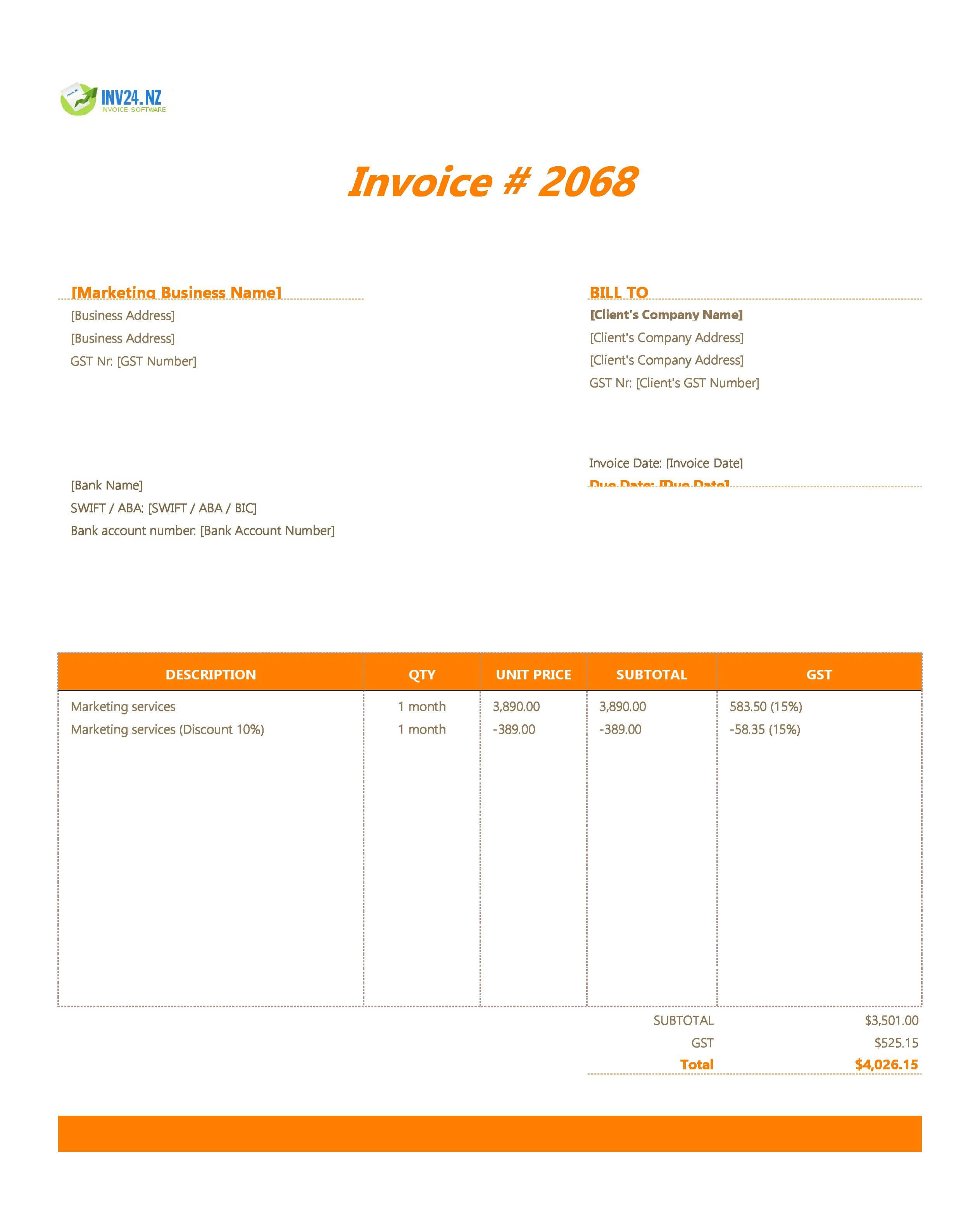 Marketing Invoice Template for New Zealand (Excel / Google Sheets)